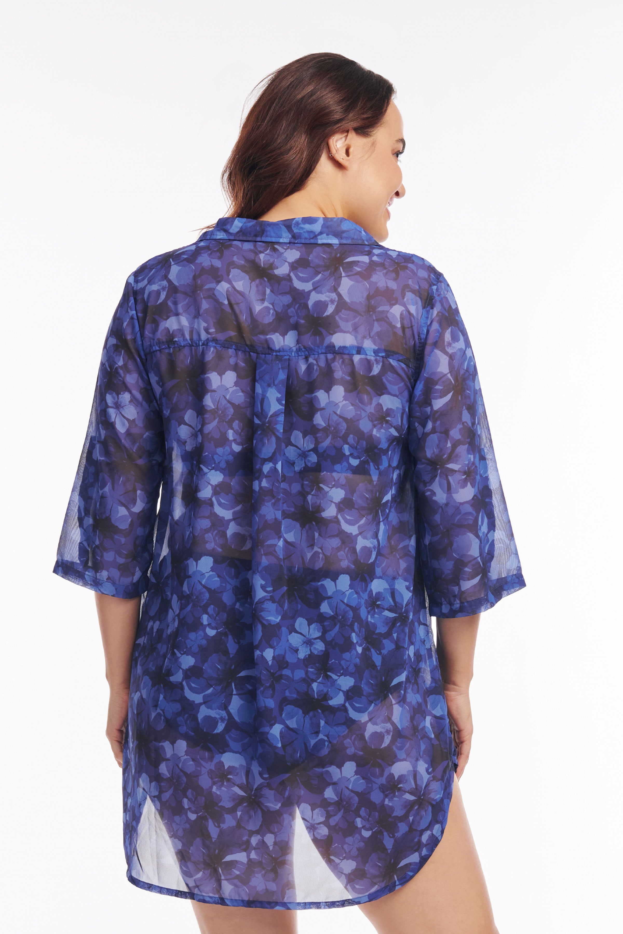 Plus Size Collared Pullover Tunic Coverup in Iridescent Blooms - Flowy Women's Tunic Top for Casual Wear, Beach Cover Up & Everyday Outfits