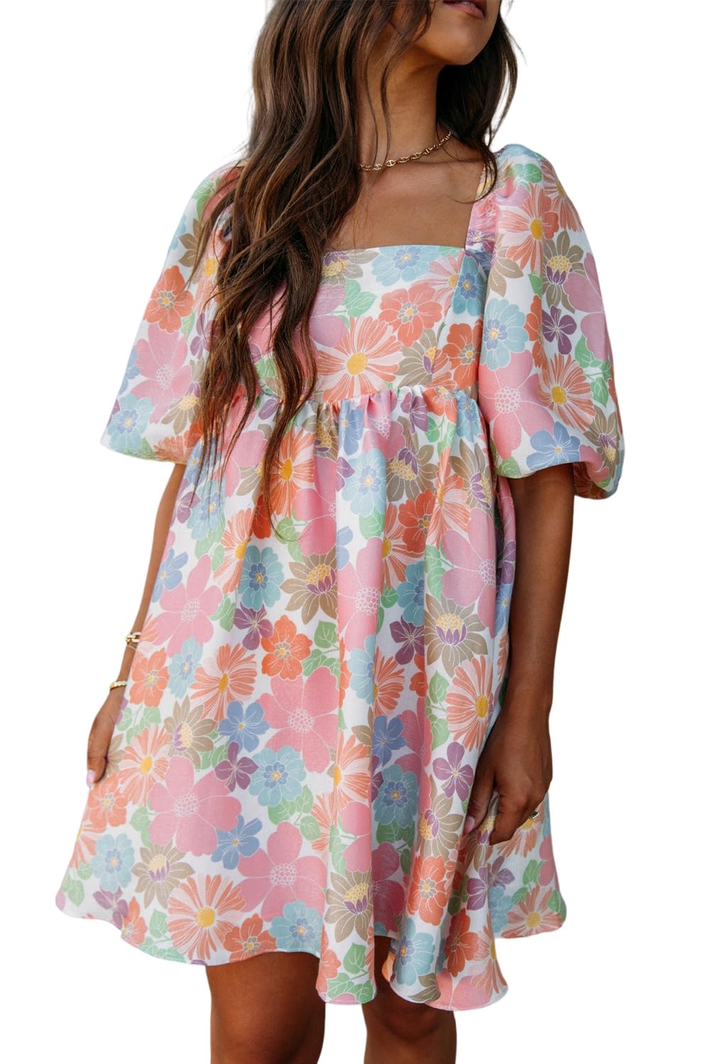 Women's Pink Floral Square Neck Puff Sleeve Babydoll Dress - Summer Casual Mini Dress for Beach, Party & Date Night