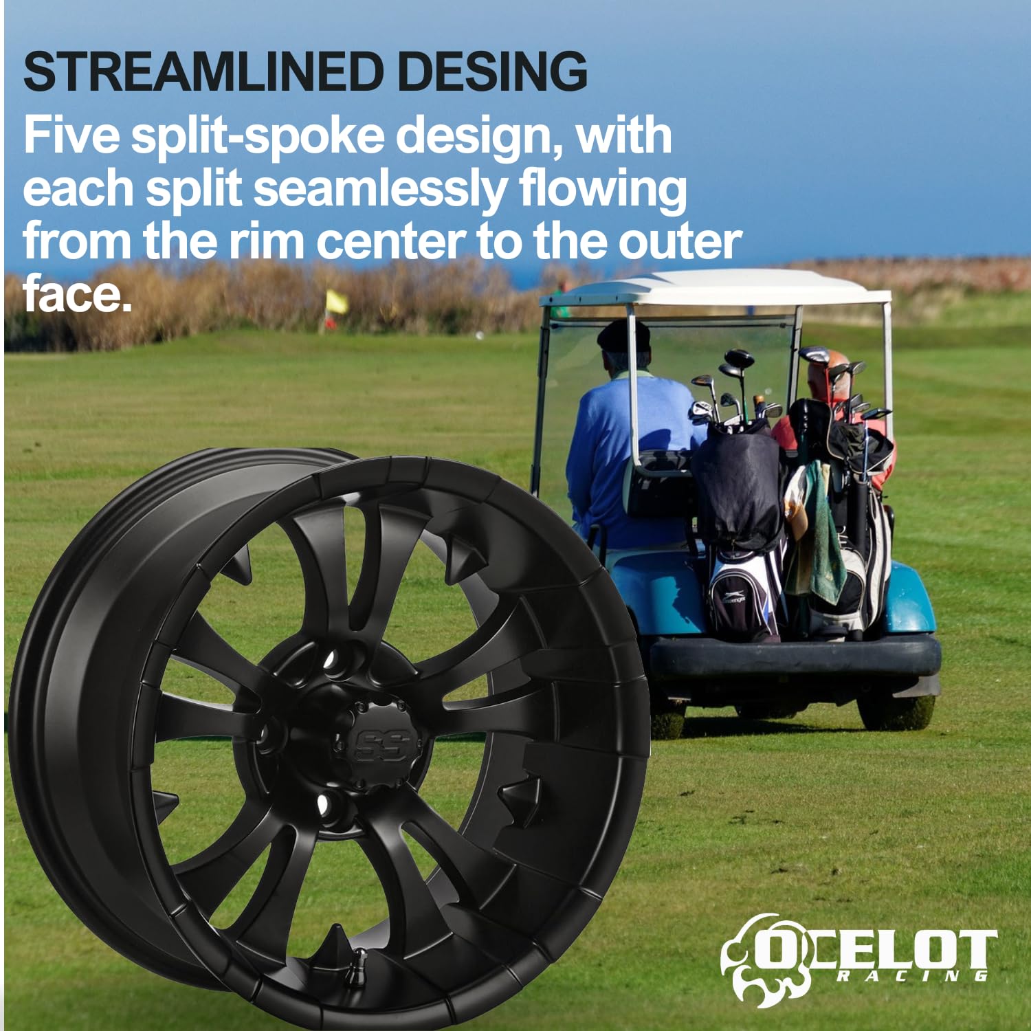 Premium 10-Inch Golf Cart Wheels - Ocelot E118 Black 10x7 Rims (4/4 Bolt Pattern) - Durable Golf Cart Accessories for Enhanced Performance - Perfect for Golf Courses, Resorts & Private Communities