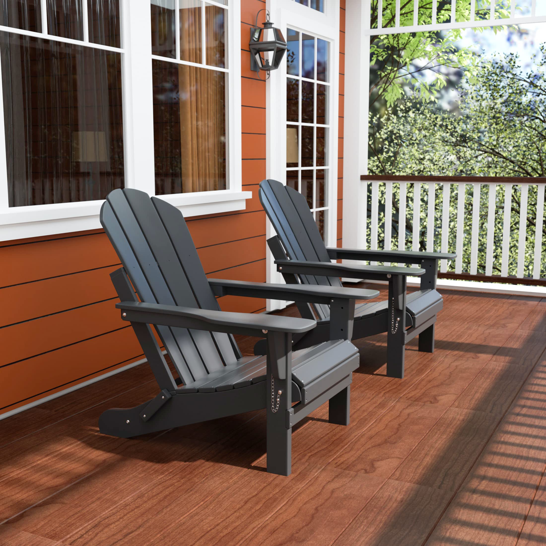 2-Pack HDPE Adirondack Chairs - Outdoor Folding Lounge Chairs for Patio, Poolside, Backyard & Beach - Weather-Resistant UV-Protected Gray Furniture Set - Perfect for Relaxing by Fire Pit, Garden Lounging & Balcony Seating