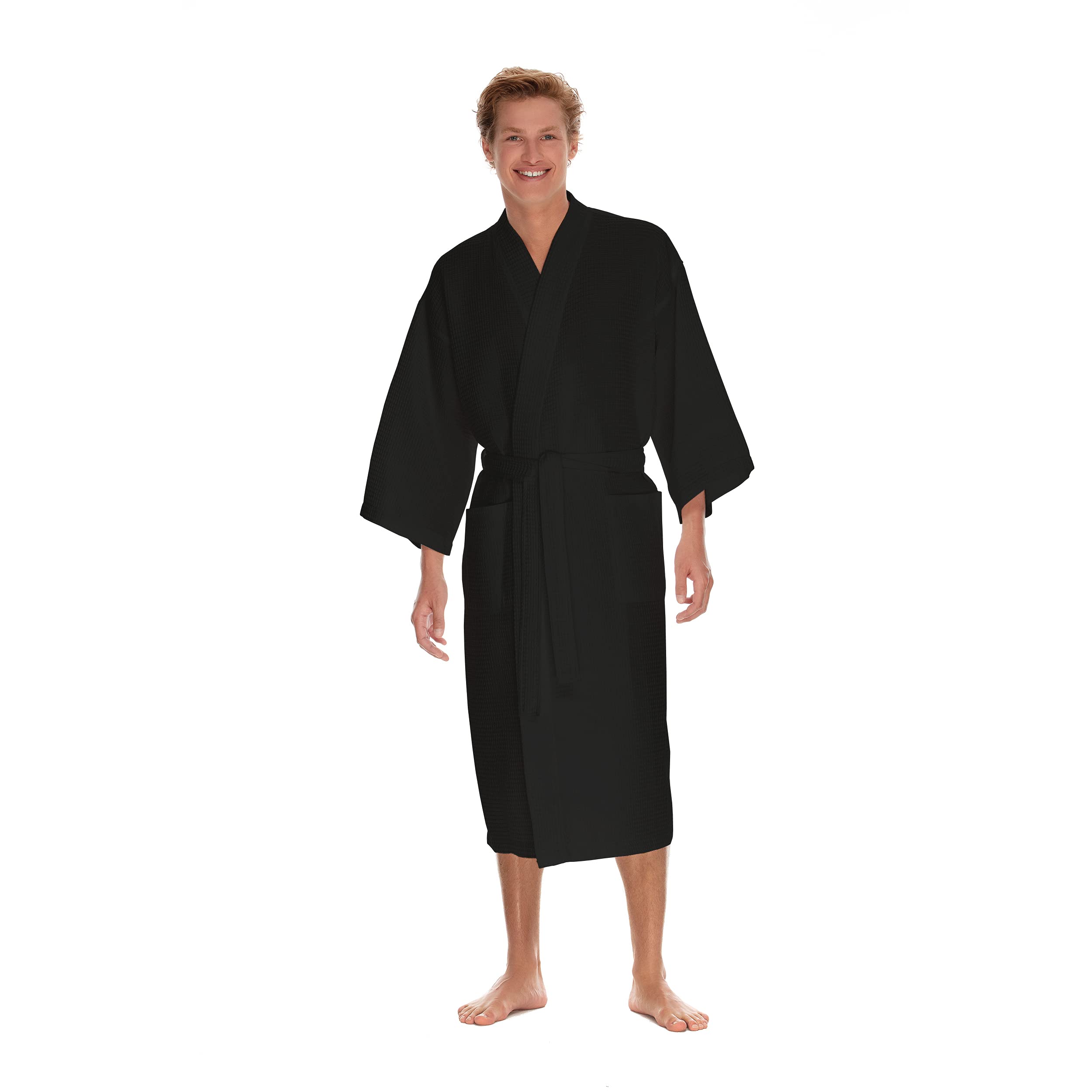 BOCA TERRY Men's Waffle Knit Spa Robe - Lightweight Cotton Kimono Bathrobe for Hotels & Home | Long Lounge Robe for Relaxation, Spa Days & Cozy Evenings