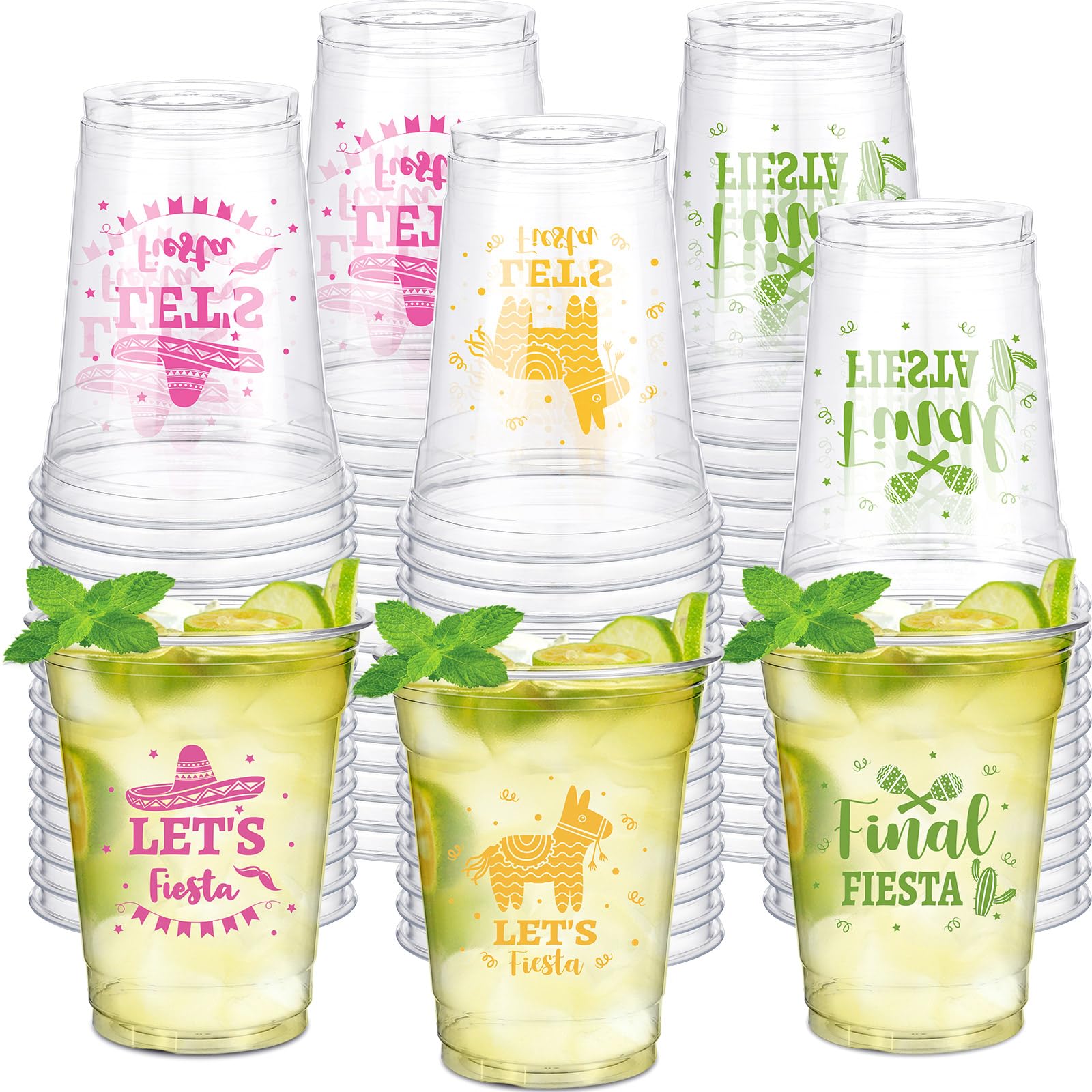 150 Pcs 12 oz Clear Plastic Disposable Fiesta Cups - Mexican Theme Party Supplies for Cinco de Mayo, Taco Tuesday & Summer Celebrations - 3 Stylish Designs (Bulk Pack)