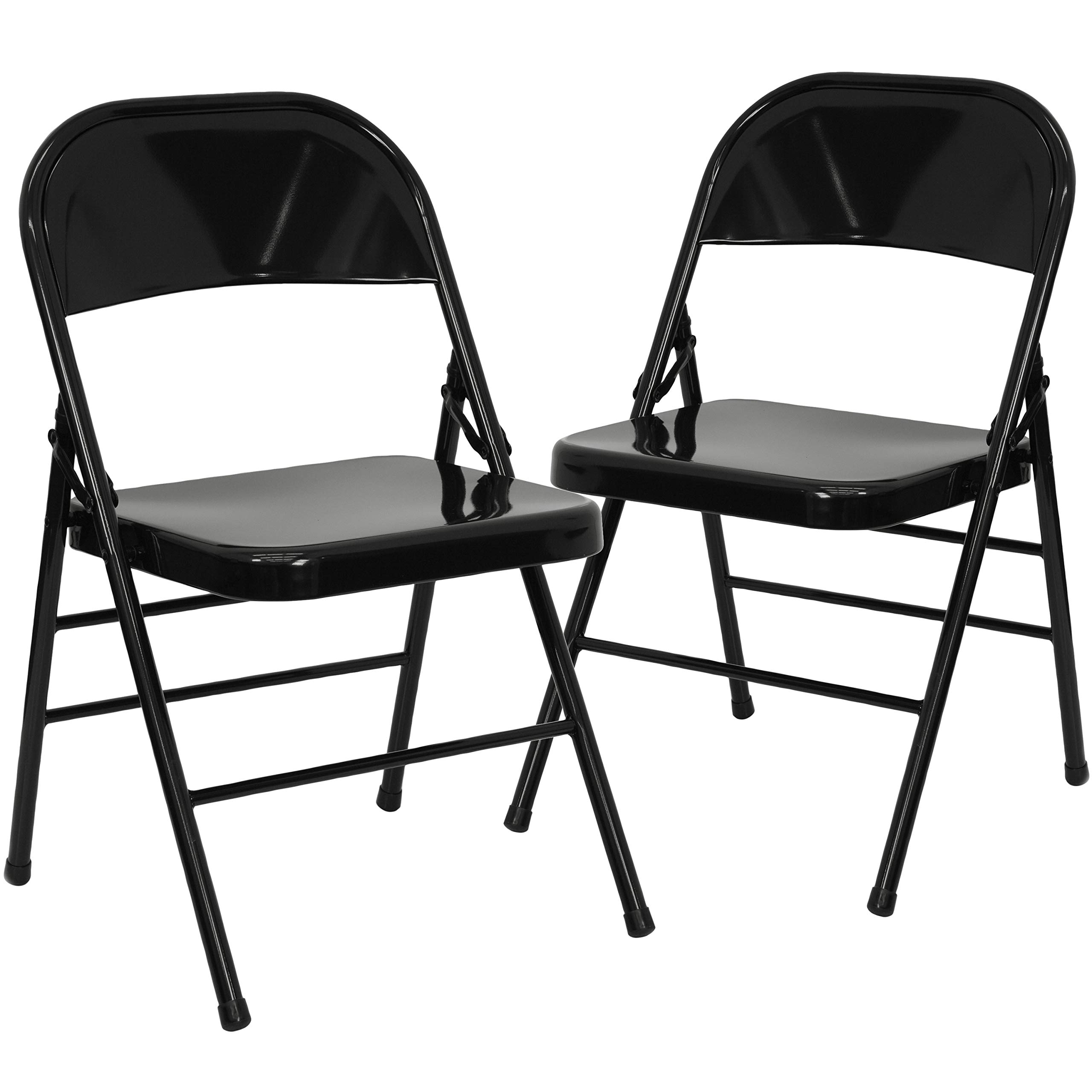 EMMA + OLIVER 2 Pack Heavy Duty Black Metal Folding Chairs - Triple Braced & Double Hinged for Stability, Indoor Outdoor Use for Parties, Weddings, Events & Camping