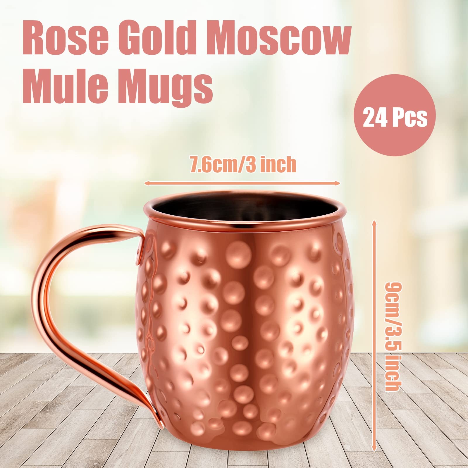 24-Piece Moscow Mule Mug Set - 12oz Rose Gold Stainless Steel Copper Plated Cups with Hammered Finish, Tarnish Resistant for Cocktails, Iced Coffee & Wedding Gifts - Perfect for Home Bars, Parties & Holiday Entertaining