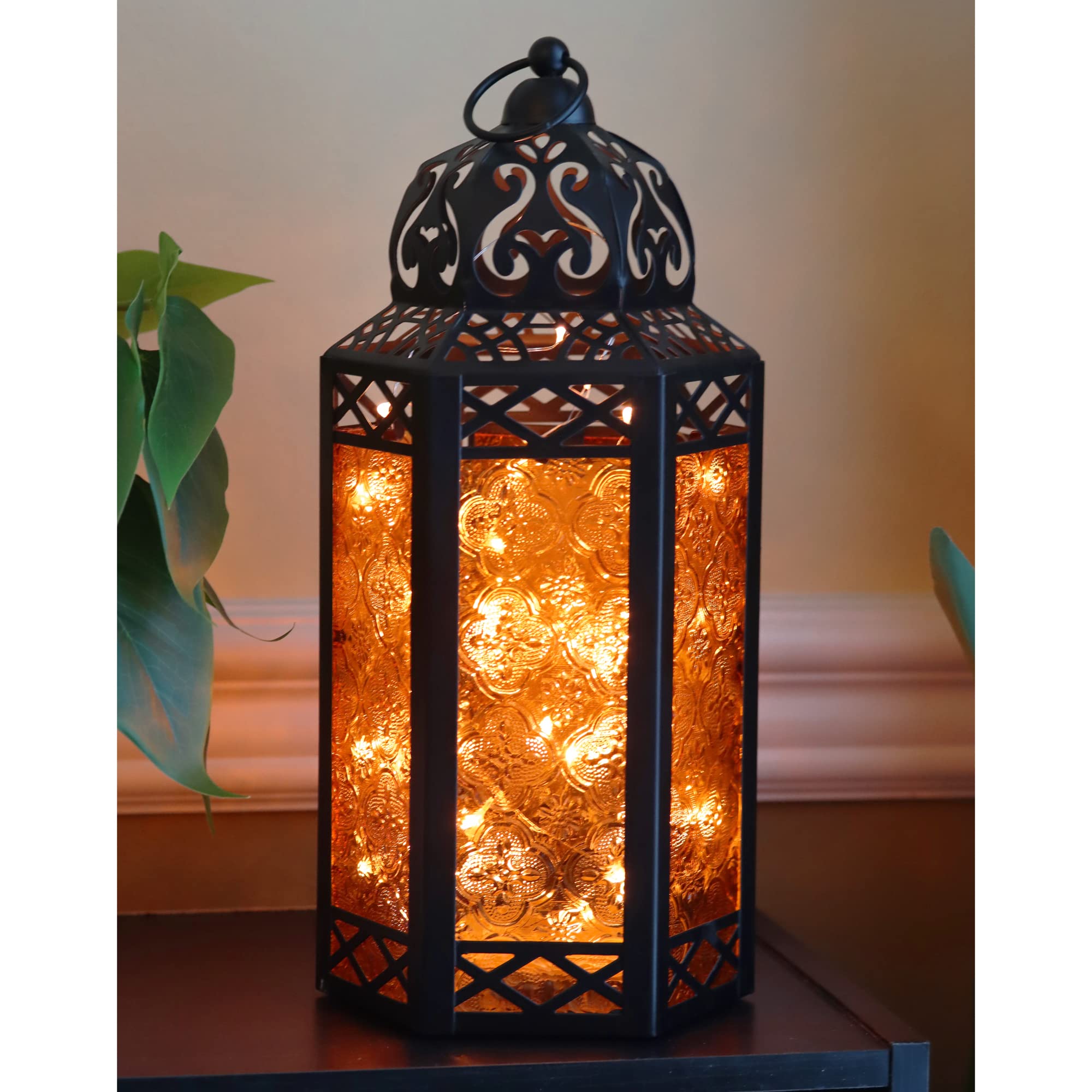 Black Metal Moroccan LED Vela Lanterns with Amber Glass - Decorative Fairy Light Candle Holders for Home Decor, Halloween, Wedding, Patio & Outdoor Lighting - Perfect for Garden Parties, Romantic Dinners and Boho Interior Design