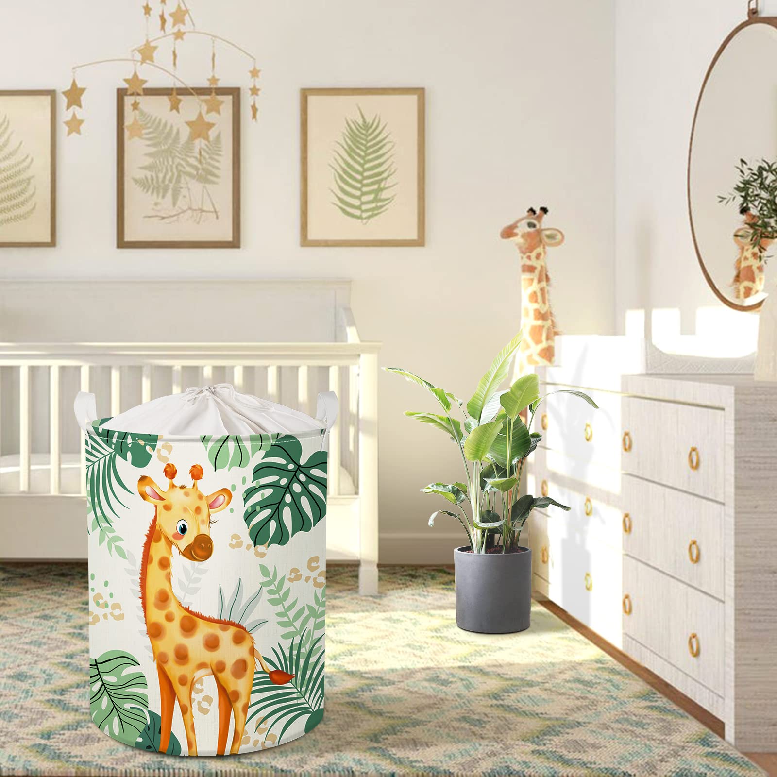 Clastyle Tropical Leaves & Woodland Animal Laundry Basket - Cute Giraffe & Bird Decor, Baby Clothes Hamper, Round Toy Storage Basket for Nursery, Kids Room - Perfect for Baby Shower Gifts & Toddler Organization