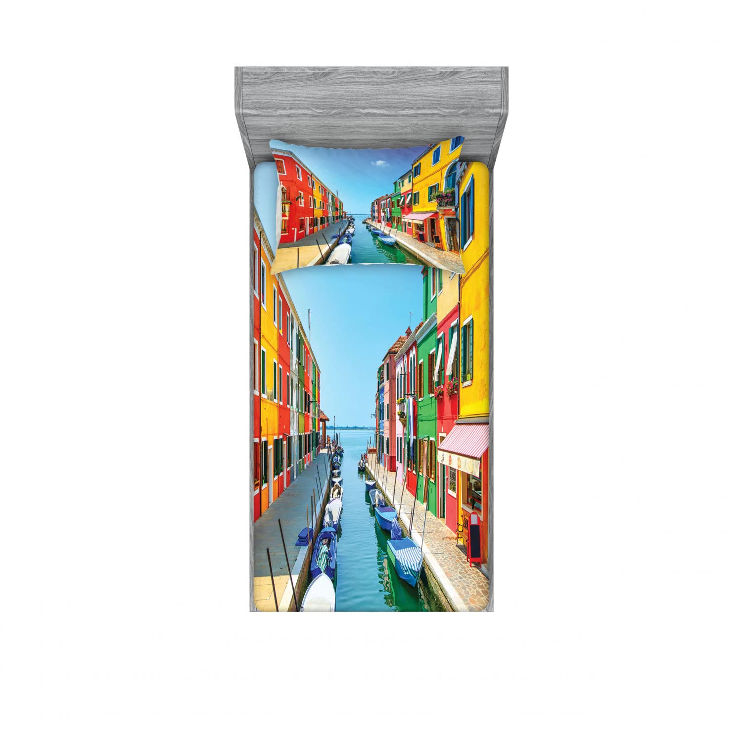 Ambesonne 2-Pack Twin Fitted Sheet & Pillow Sham Set - Urban Boat Cityscape Design, 4-Piece Bedding Set in Vibrant Colors | Perfect for Guest Rooms, Dorms & Apartment Decor