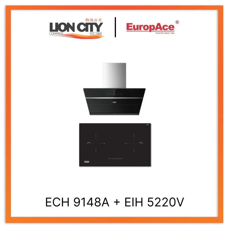 Europace ECH9148A 90cm Premium Stainless Steel Inclined Range Hood + EIH5220V 75cm Built-In Induction Cooktop - Modern Kitchen Ventilation & Cooking Solution for Home Chefs