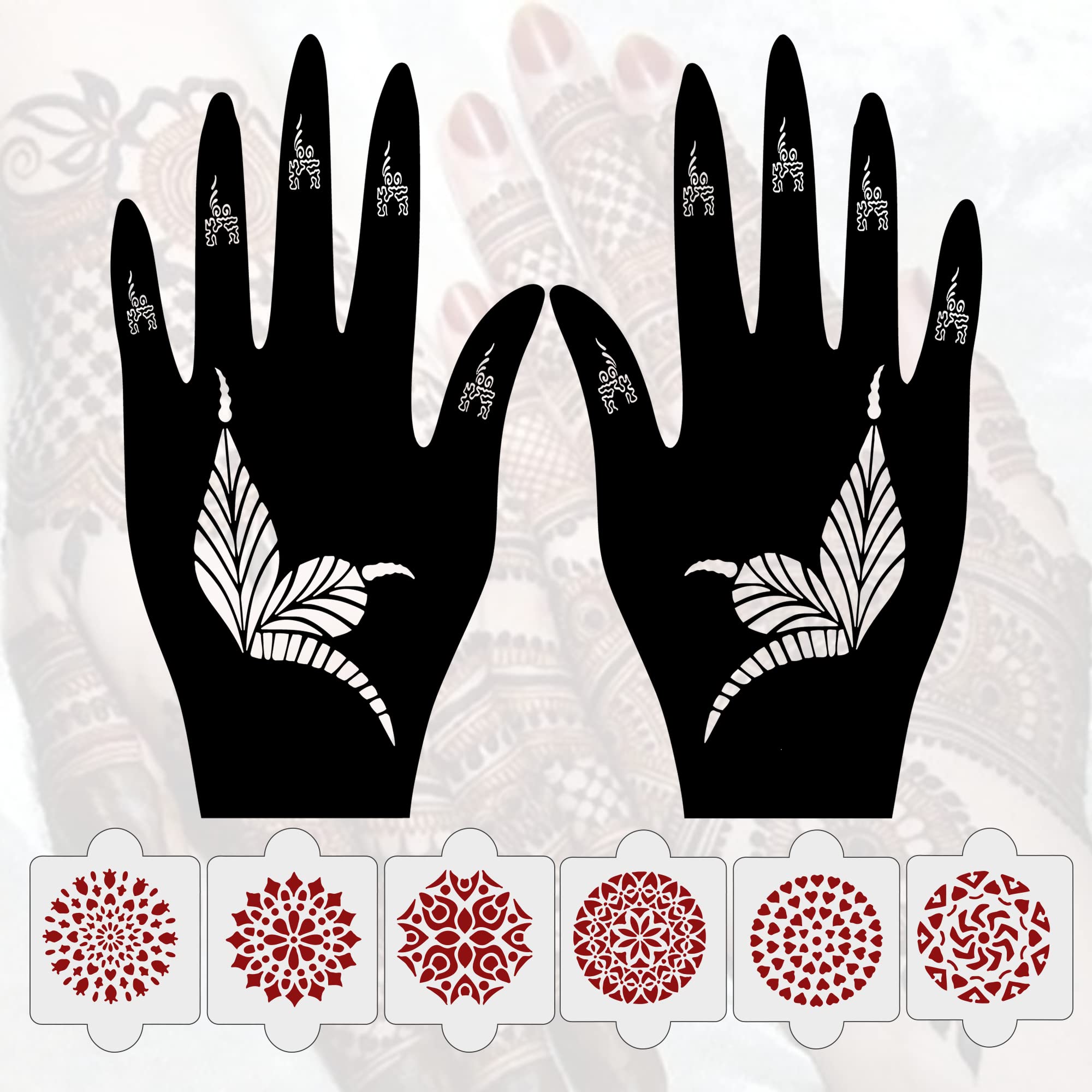 8 Pcs Henna Stencil Kit - 2 Henna Tattoo Stencils + 6 Reusable PVC Mehandi Templates for Women, Girls & Kids | Easy Application | Perfect for Weddings, Festivals & DIY Body Art (IVH-06)