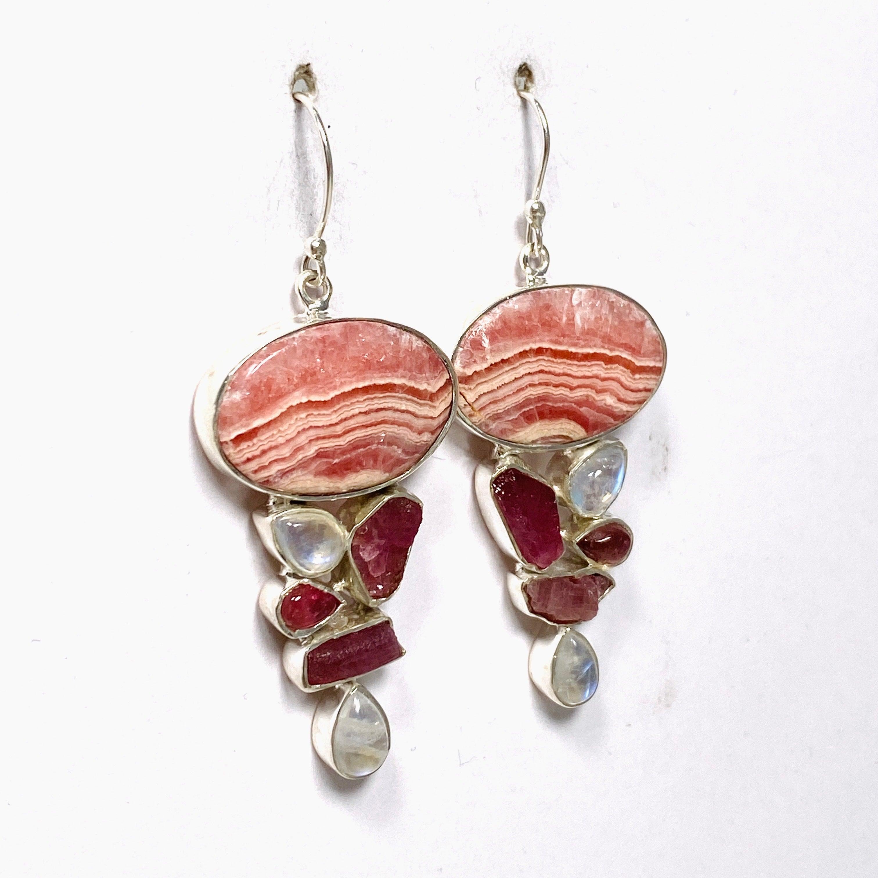Rhodochrosite Moonstone Pink Tourmaline Multistone Dangle Earrings KEGJ1464 - Elegant Gemstone Jewelry for Women, Perfect for Weddings & Special Occasions