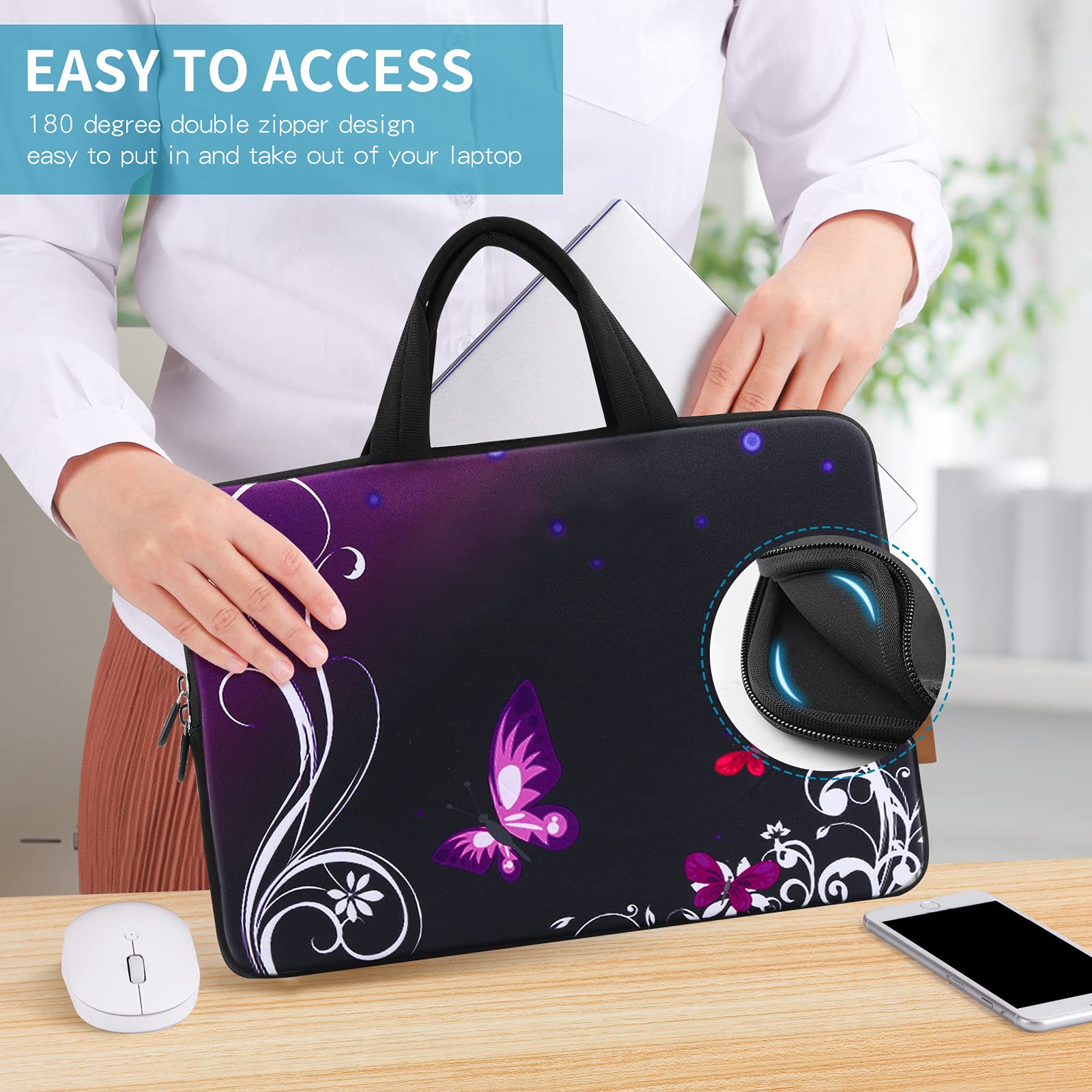 Premium Neoprene Laptop Sleeve Case for 11-12.5 Inch MacBook Air, Chromebook, Ultrabook & Tablet - Lightweight Protective Cover with Purple Butterfly Design - Perfect for Travel, Office & School Use