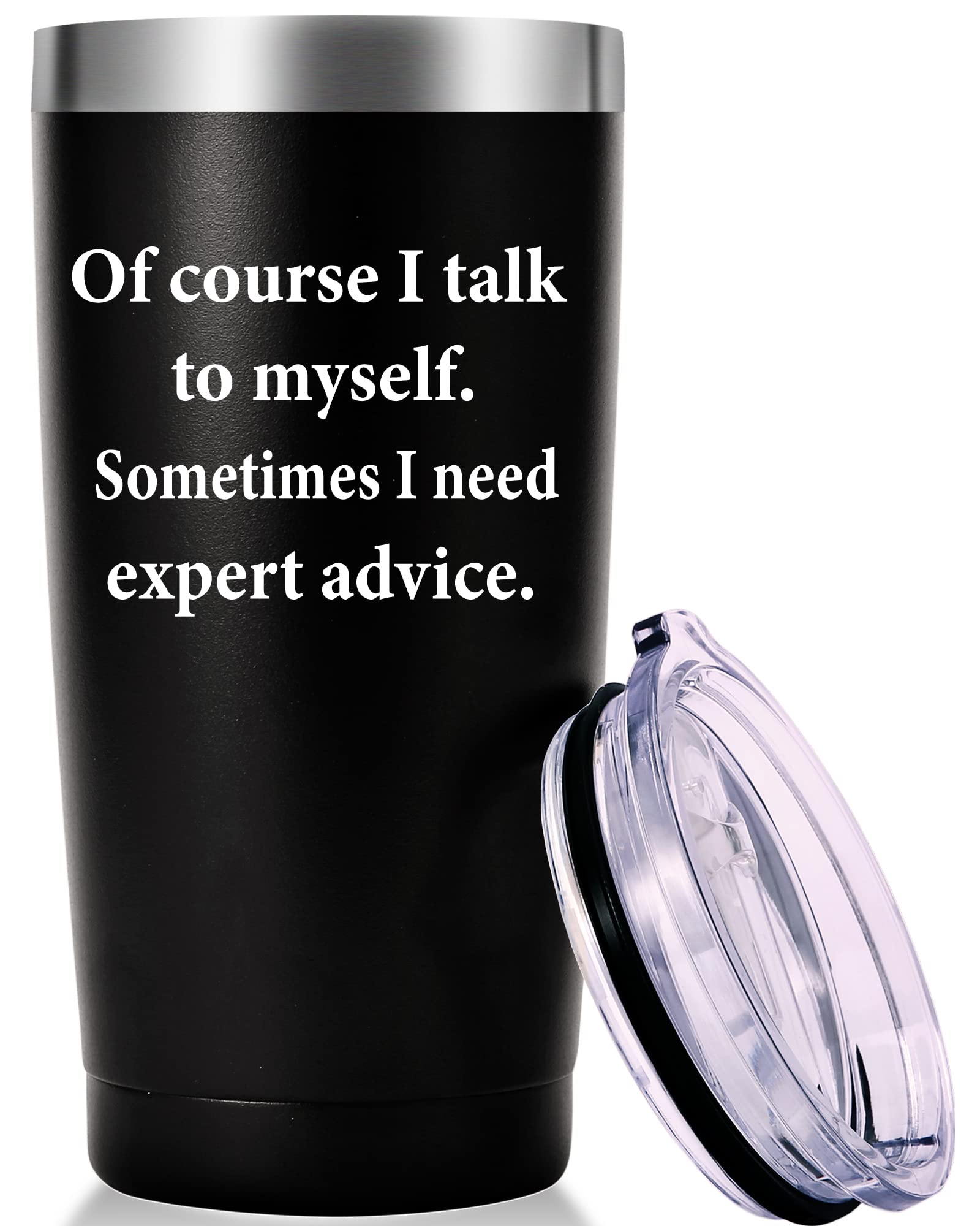 AMZUShome 'Of Course I Talk To Myself' 20oz Travel Mug - Funny Insulated Tumbler with Motivational Quote, Perfect Gift for Mom, Dad, Brother, Sister, Boyfriend, Girlfriend, Husband or Wife - Great for Birthday, Christmas & Everyday Use - Ideal for Coffee, Tea & Hot/Cold Drinks at Home, Office or Commute (Black)