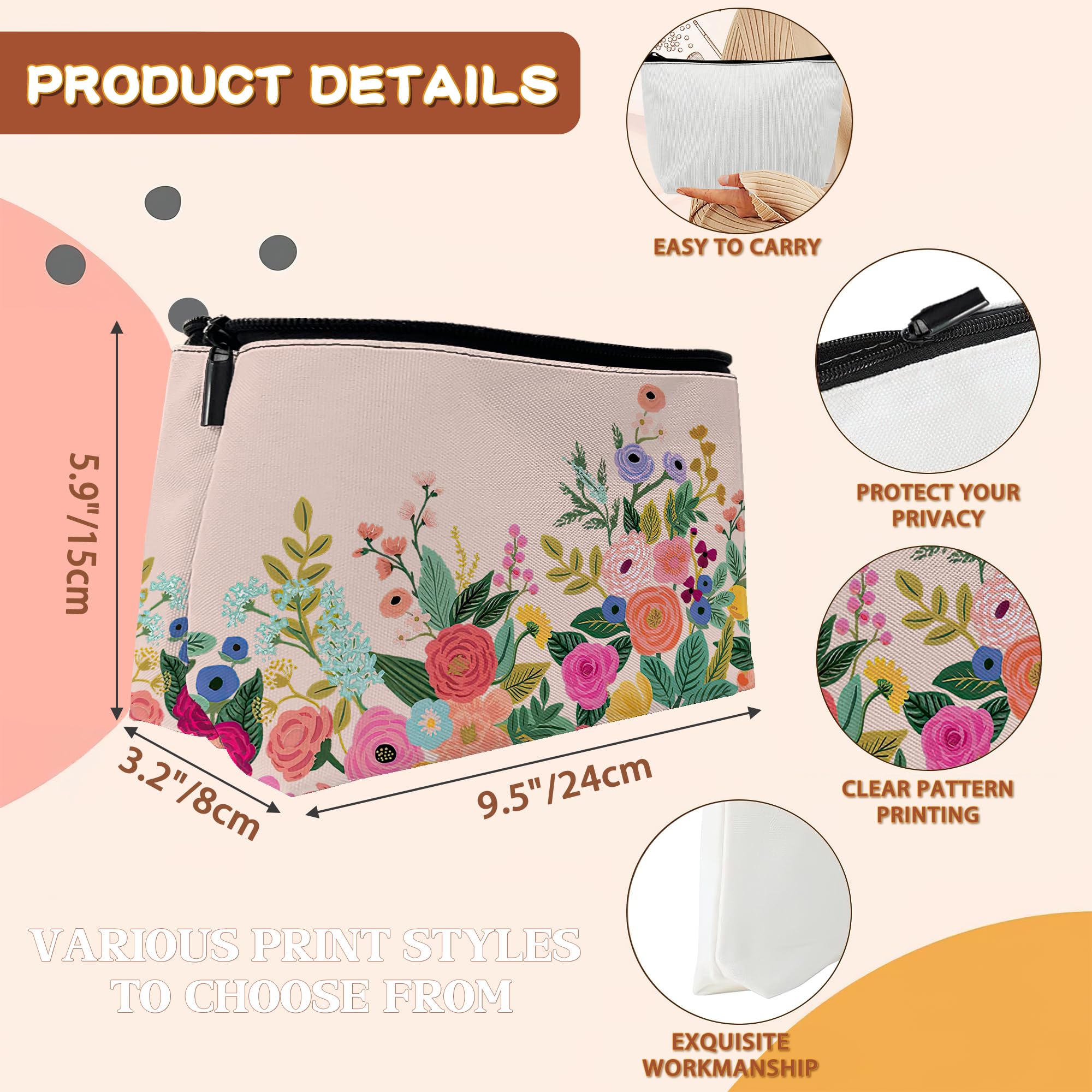 Pink Floral Makeup Bag for Women & Girls - Waterproof Cosmetic Organizer with Zipper, Travel Toiletry Bag for Makeup Brushes, Lipstick, Skincare (Perfect for Travel, Gym, Daily Use)