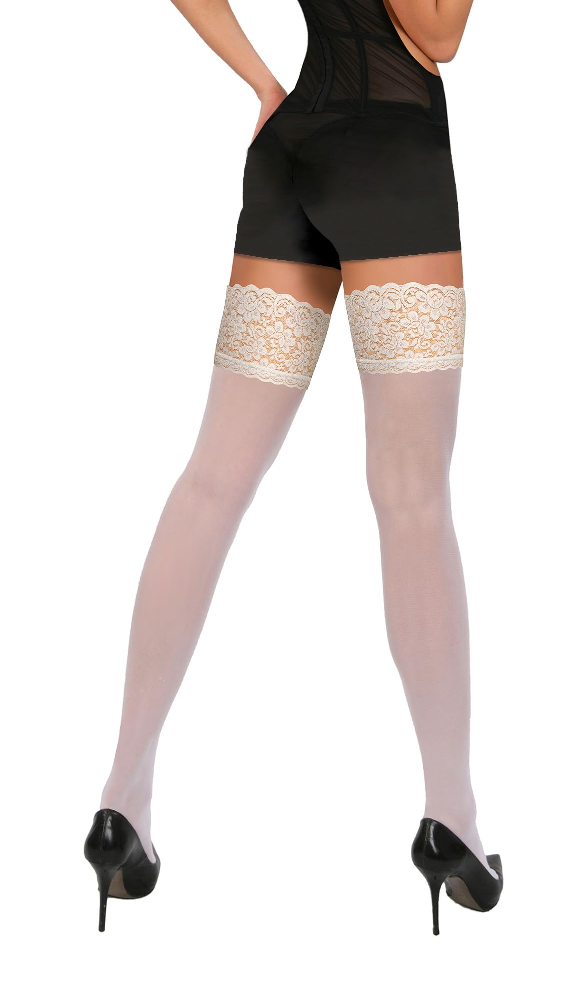 Sesto Senso 2 Pack Women's Hold Up Stockings 40 Denier Microfiber Opaque Thigh Highs with Lace Top - Comfortable & Sexy for Date Night, Office Wear & Special Occasions