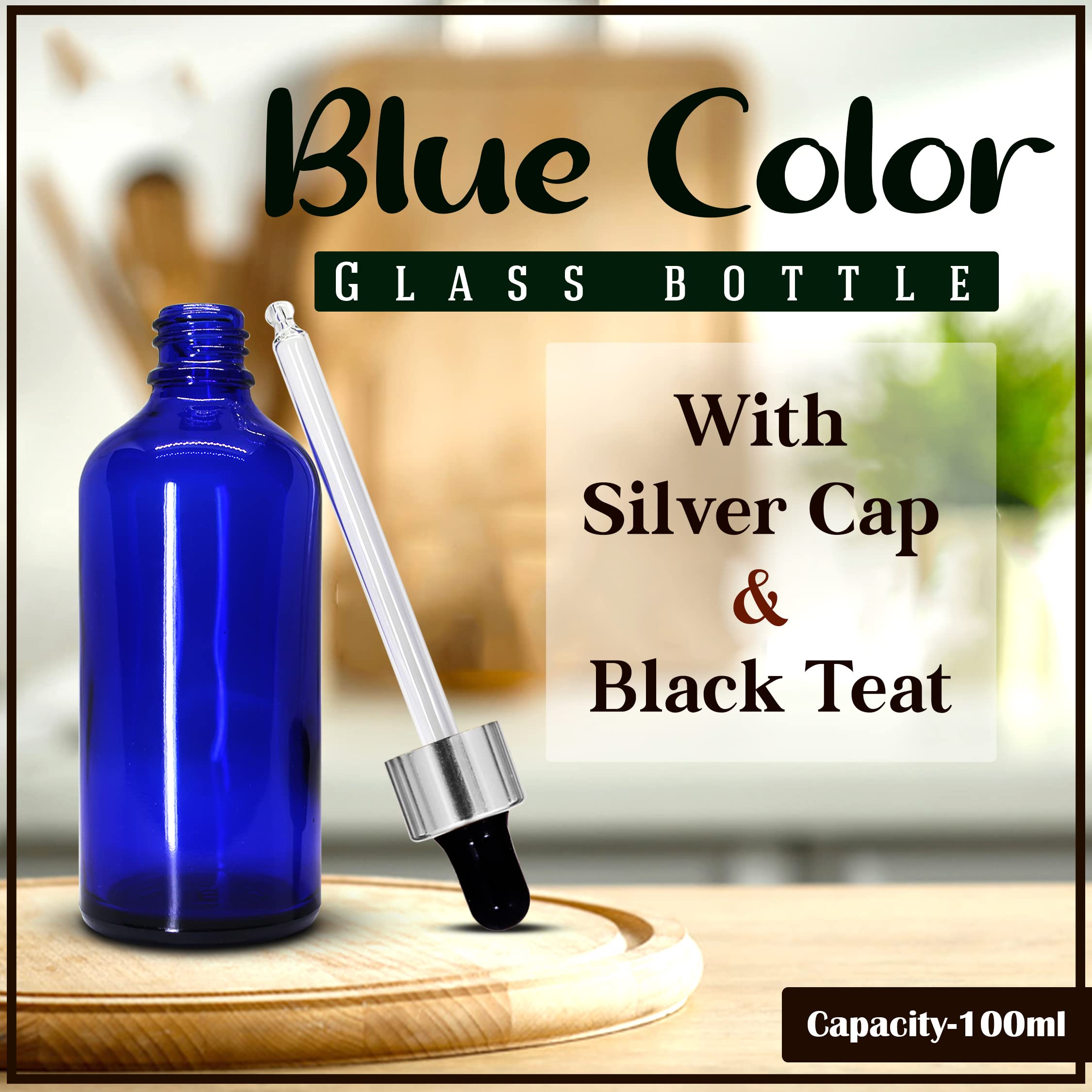 NSB Herbals 100ml Blue Round Empty Glass Bottle with Glass Dropper, Silver Ring & Black Silicone Teat - Leakproof Refillable Essential Oil Bottles for DIY Perfumes, Aromatherapy, Travel (Pack of 3)