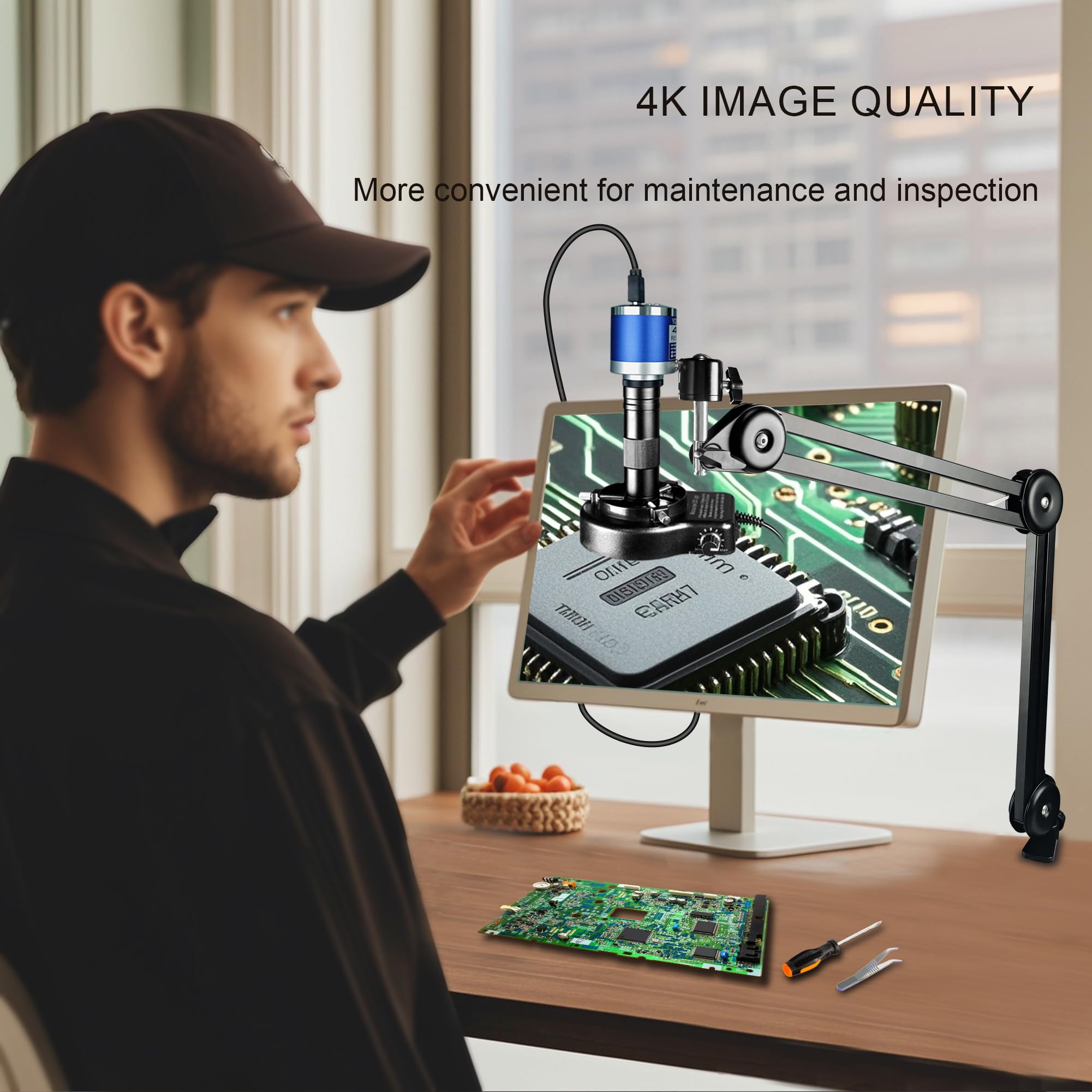 48MP 4K Digital Microscope with 150X Zoom - NICE-POWER HDMI/USB Industrial Camera for Electronics Repair, Soldering & PCB Inspection | Includes Foldable Stand & LED Ring Light | Perfect for Hobbyists, Jewelers & Science Education