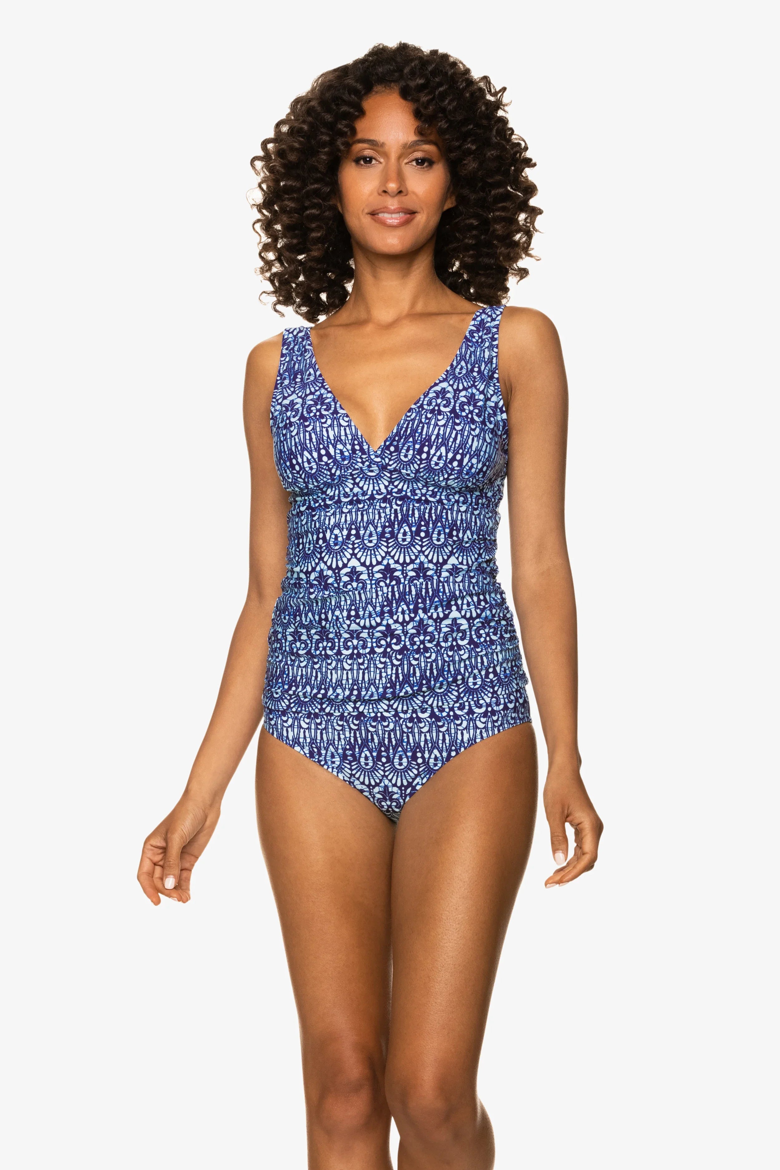Luna Tankini Swimsuit Top - Island Batik Navy Blue Floral Print - Perfect for Beach Vacations, Pool Parties & Summer Getaways