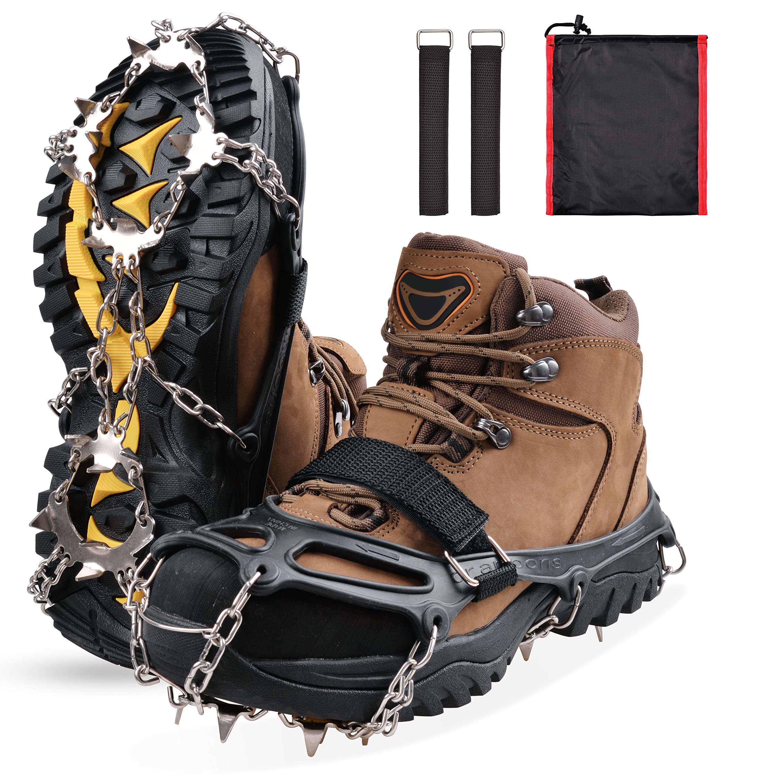 Stainless Steel Ice Cleats for Boots & Shoes - 19 Teeth Anti-Slip Traction Crampons for Men & Women - Perfect for Hiking, Climbing, Mountaineering, Walking, Fishing & Jogging on Snow & Ice