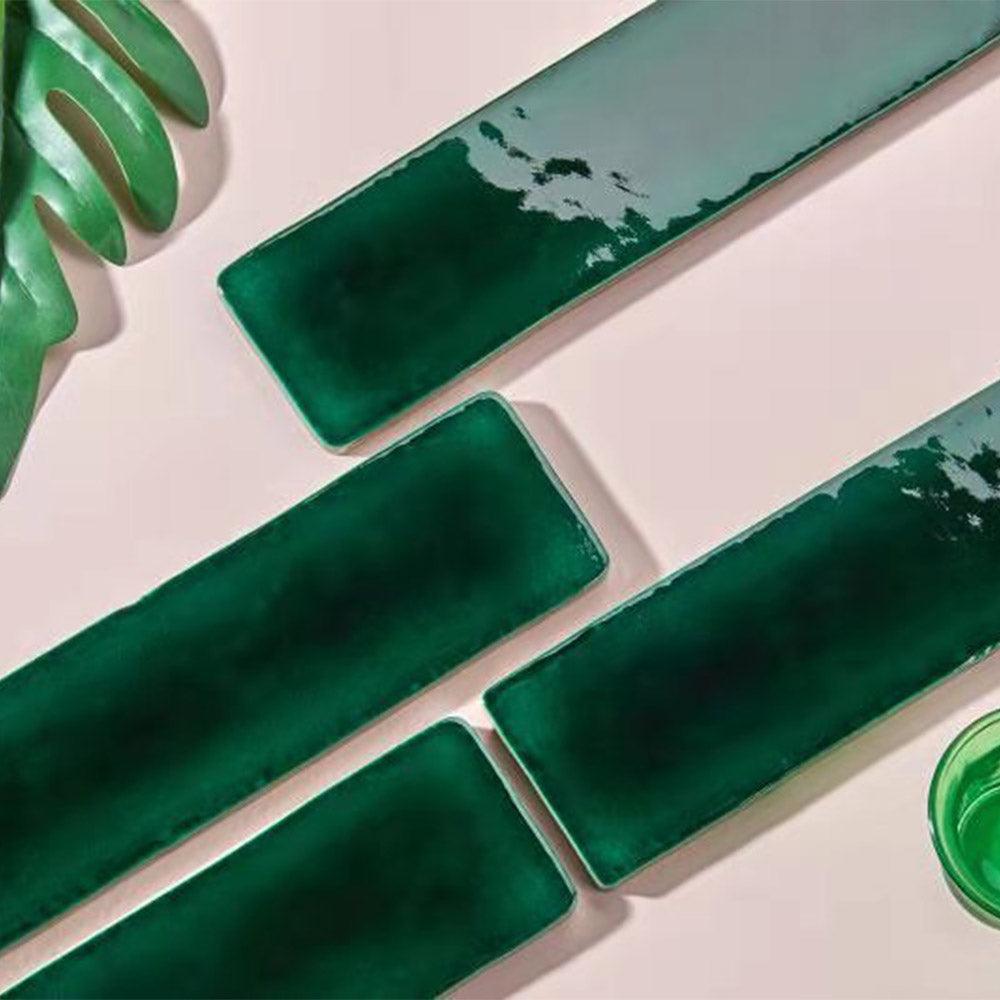 Handmade Zellige Glossy Subway Tile 70x190mm in Havana Hunter Green - Perfect for Kitchen Backsplash, Bathroom Walls & Modern Interior Design