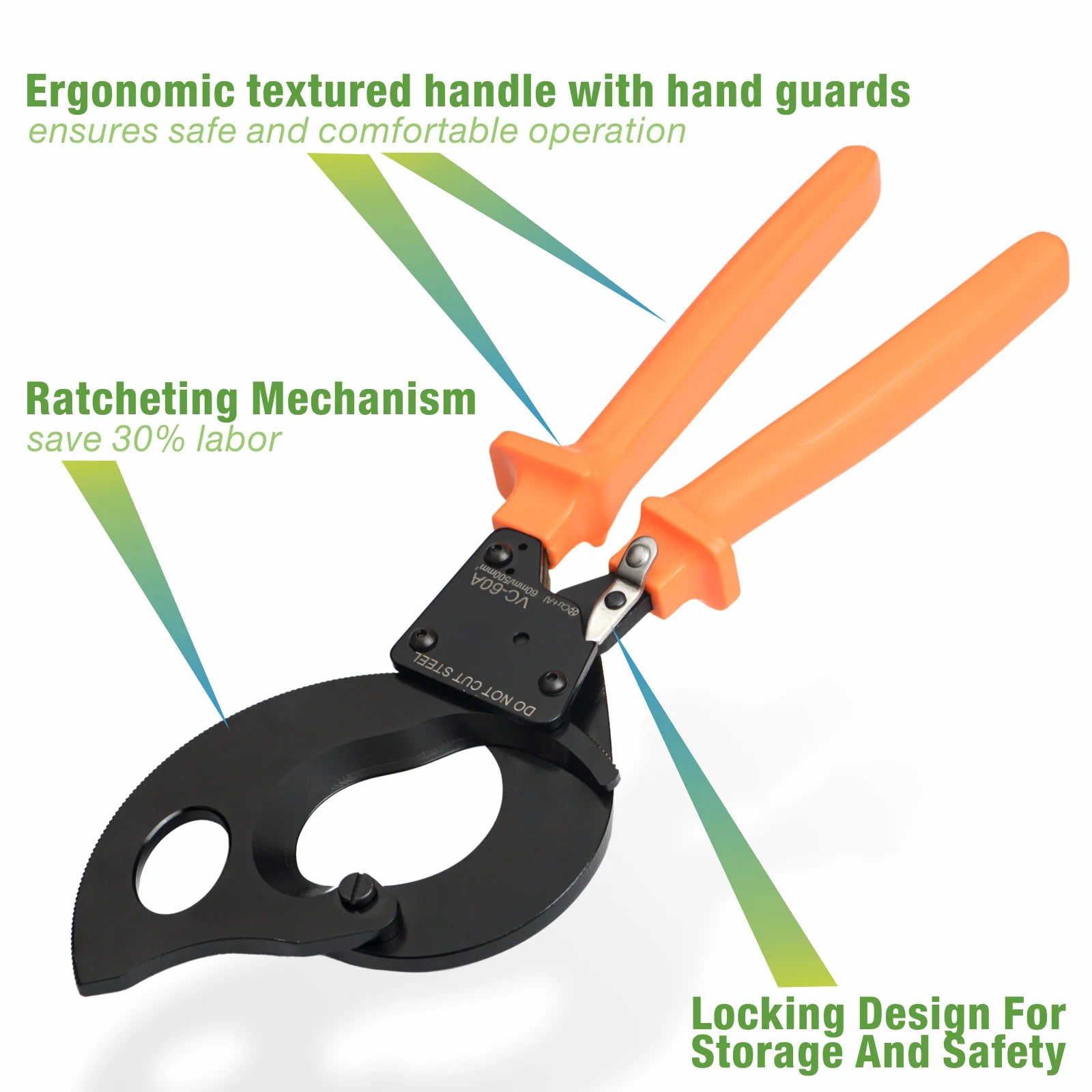 VC 60A Ratchet Cable Cutter - Heavy Duty Copper & Aluminum Wire Cutter for 1000MCM/60mm Diameter Cables (500mm²) - Ideal for Electrical Work, Industrial Wiring & DIY Projects