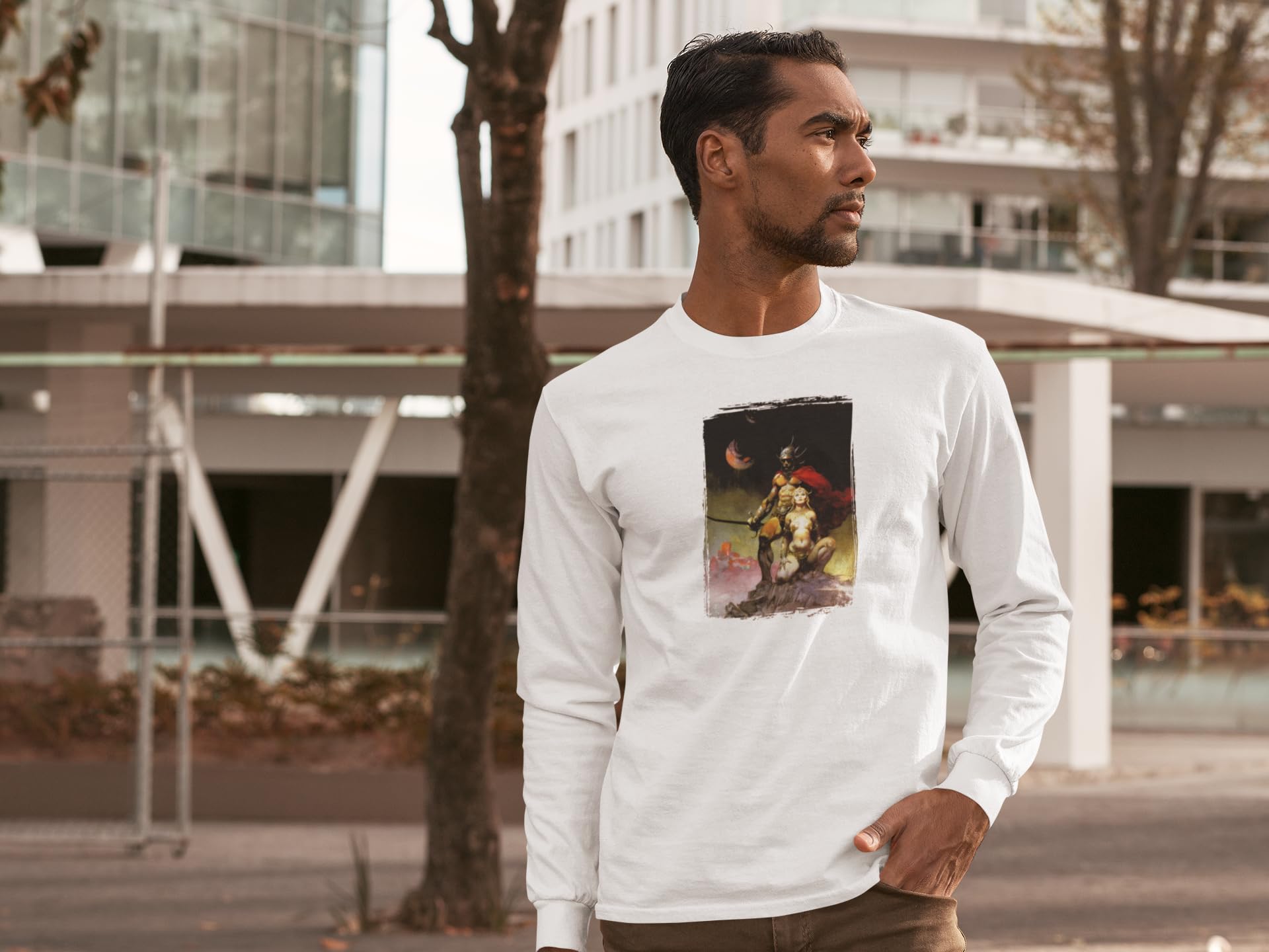 Frank Frazetta Swords of Mars Art Long Sleeve T-Shirt | Pop Threads Graphic Tee | Sci-Fi Fantasy Apparel for Men & Women | Perfect for Cosplay, Comic Con & Everyday Wear