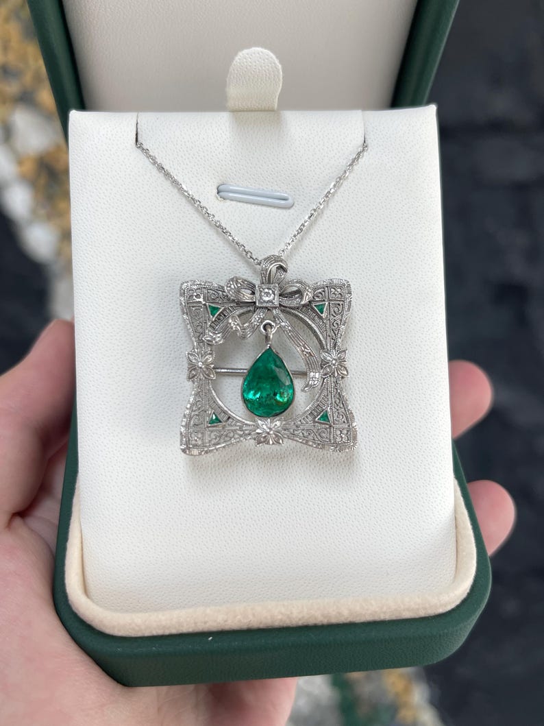 2.65tcw 14K Gold Colombian Emerald Pear Cut & Diamond Vintage Pendant Brooch - Elegant Jewelry for Weddings, Anniversaries & Special Occasions