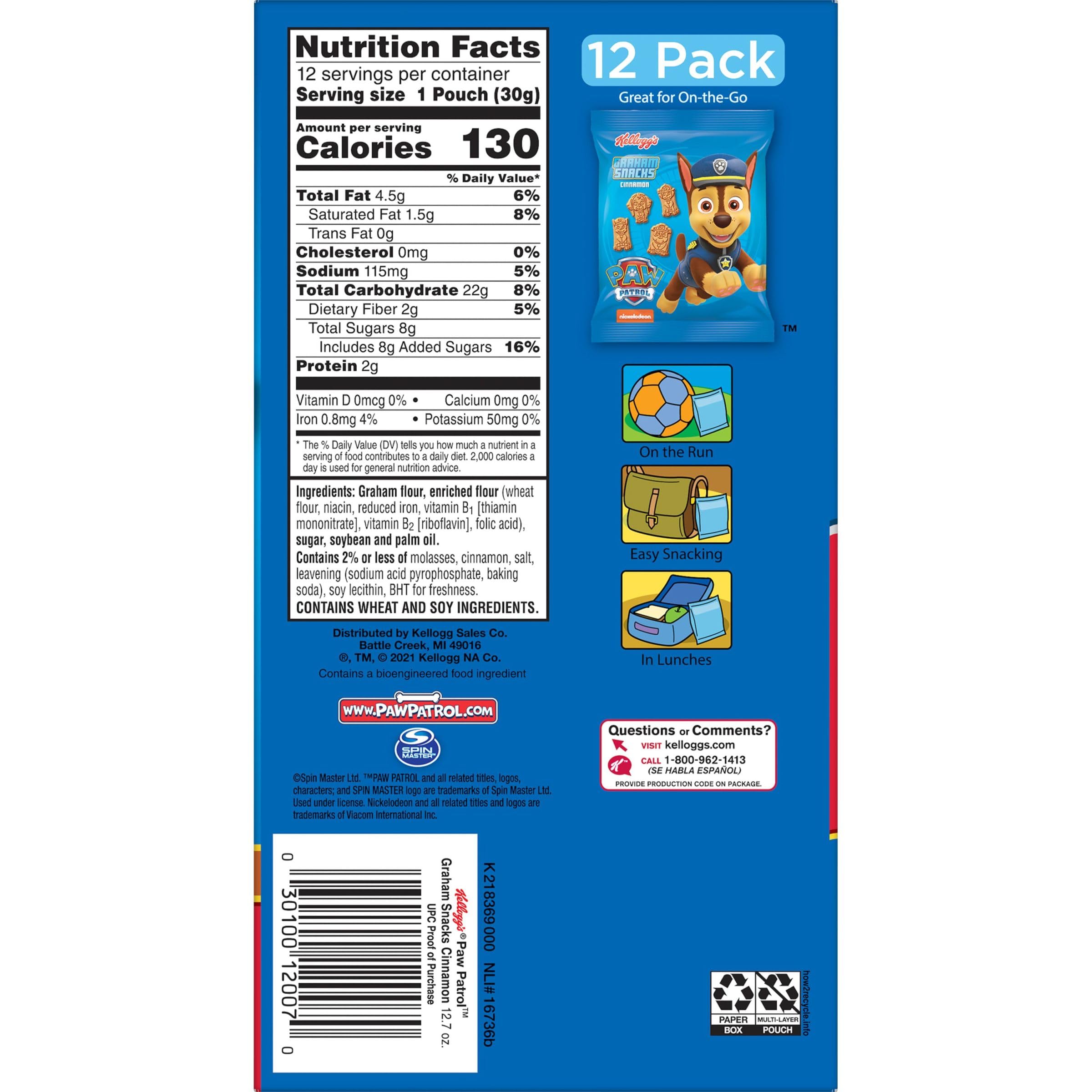 Kellogg's PAW Patrol Graham Snacks for Kids - Whole Grain Cinnamon Flavored Healthy Snack, 12.7oz Box (12 Individual Pouches) - Perfect for School Lunches, After-School Treats & Road Trips