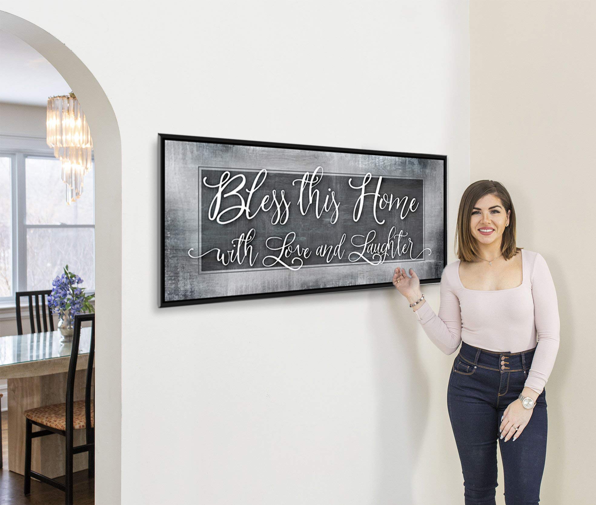 Bless This Home With Love Religious Wall Decor - Rustic Home Decoration for Living Room - Housewarming Gift with Grey 42x19 Black Floating Frame - Perfect for Farmhouse, Bedroom & Entryway Decor
