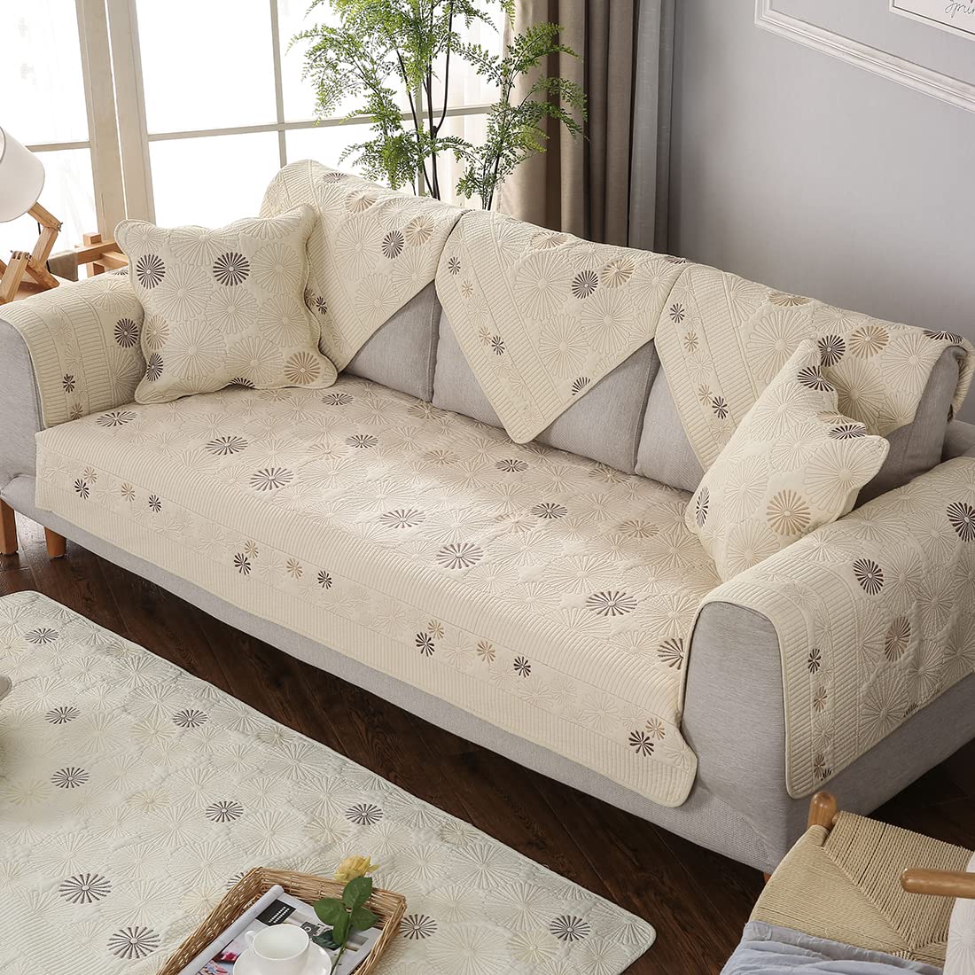 VCTOPS Reversible Embroidered Cotton Sofa Cover - Soft Quilted Washable Slipcover for Sectional Couches - 36