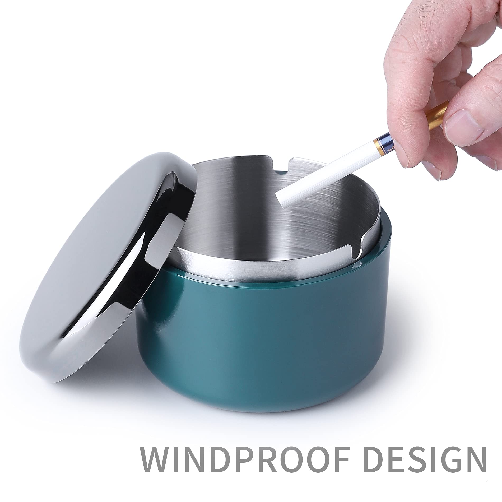 Smokeless Ashtray with Lid - Stainless Steel Windproof Ash Tray for Indoor & Outdoor Use - Durable, Easy to Clean Smoking Accessory for Home, Office, Patio (Dark Green) - Perfect for Smokers Who Want a Clean & Odor-Free Environment