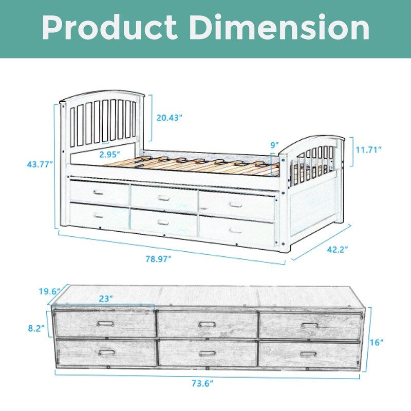 6-Drawer Twin Frame Espresso Shelf Bed with Solid Wood Drawers - Space-Saving Storage Solution for Small Bedrooms & Kids' Rooms