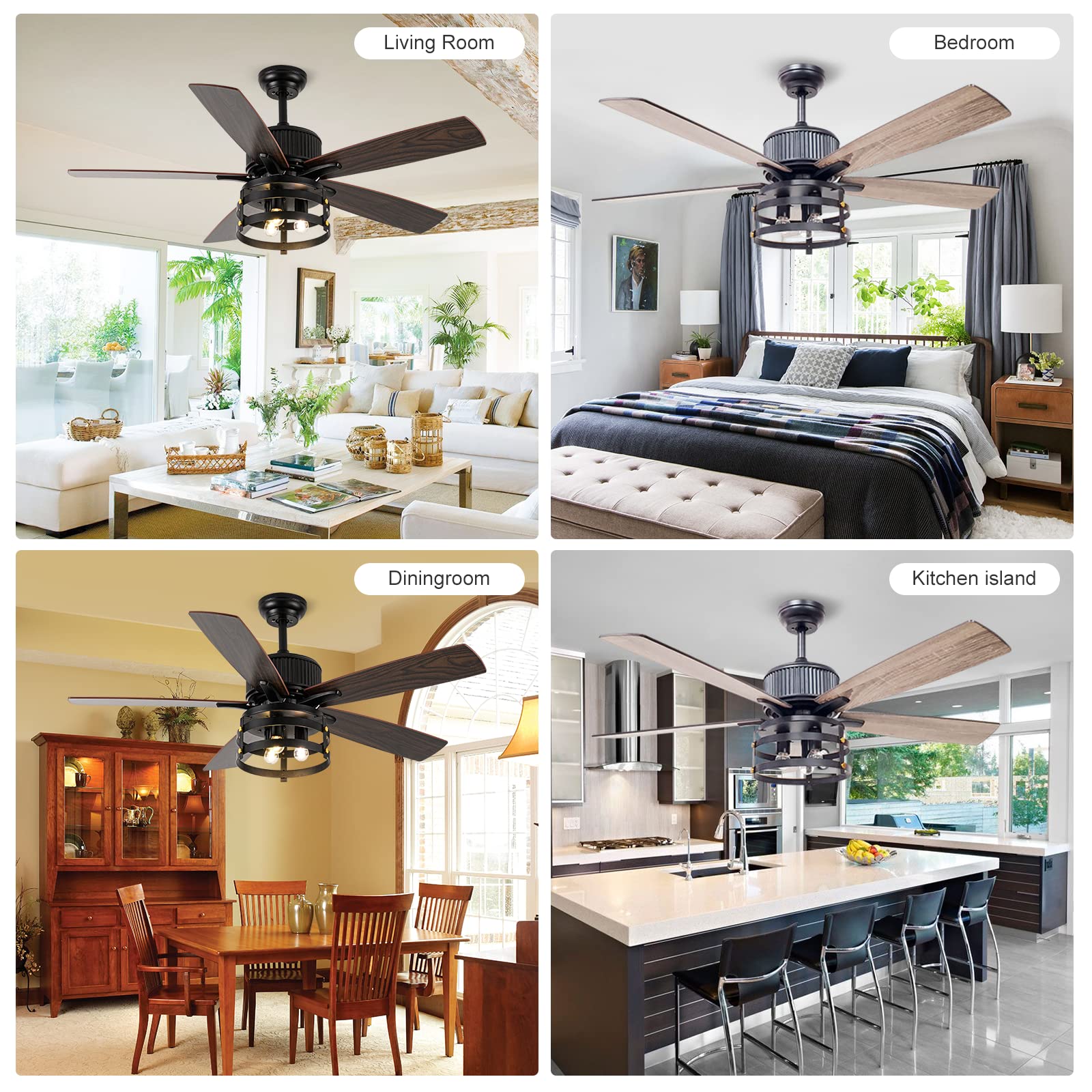 52 Inch Farmhouse Rustic Ceiling Fan with Lights - Industrial Style Outdoor/Indoor Reversible Fan with Large Airflow, Dual Finish Blades & Timer - Perfect for Patio, Living Room, Bedroom and Covered Porch