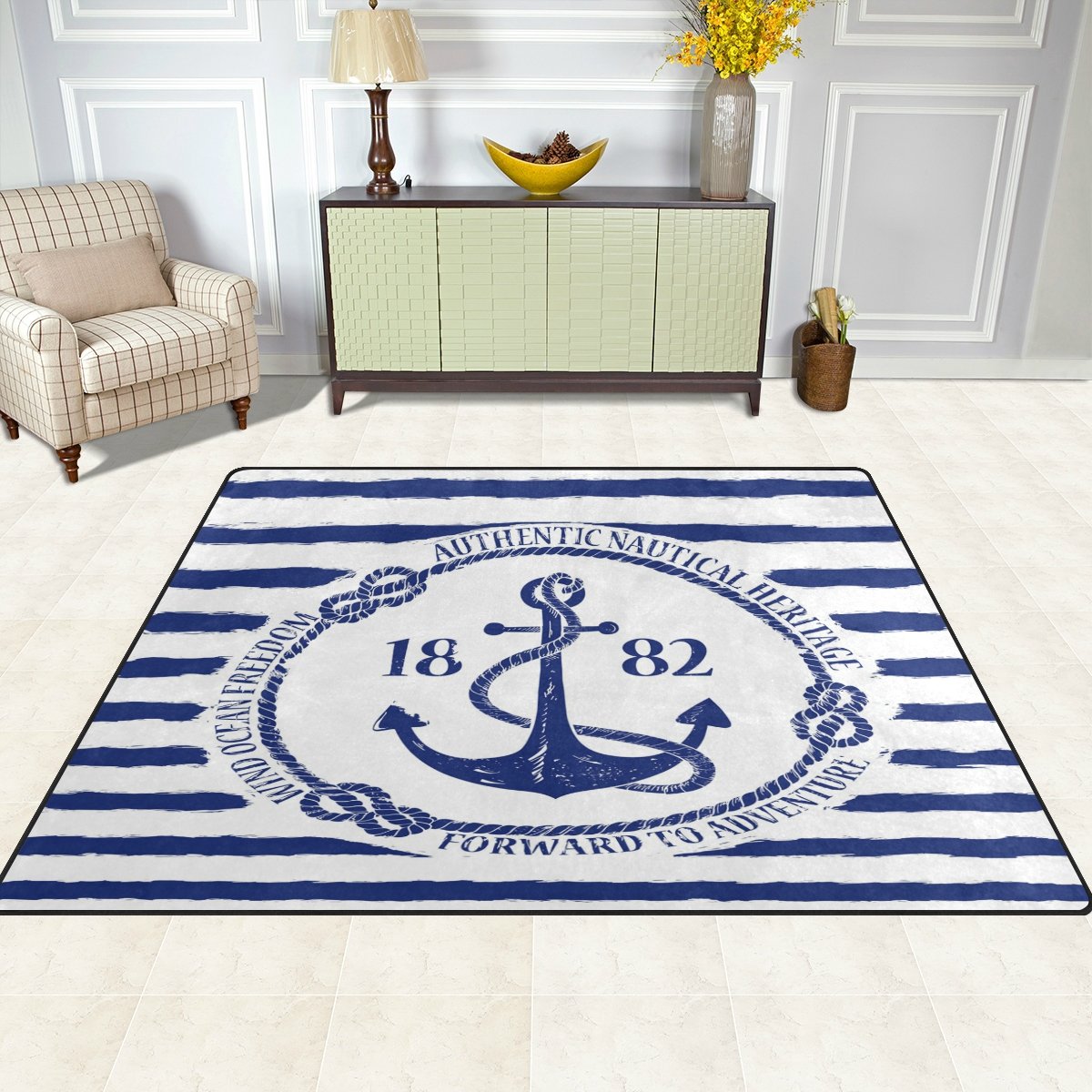ALAZA Blue and White Nautical Anchor Striped Area Rug 5'3