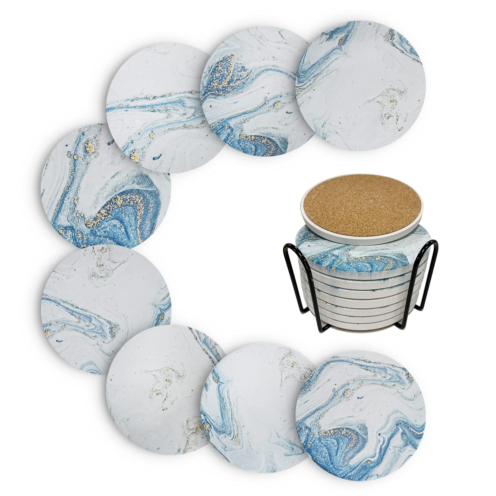 Absorbent Ceramic Drink Coasters Set of 8 with Cork Base - 4 Inch Round Stone Coasters for Wine, Mugs & Cups - Teal Marble Design - Tabletop Protection for Cold Beverages, Home Bar & Dinner Parties