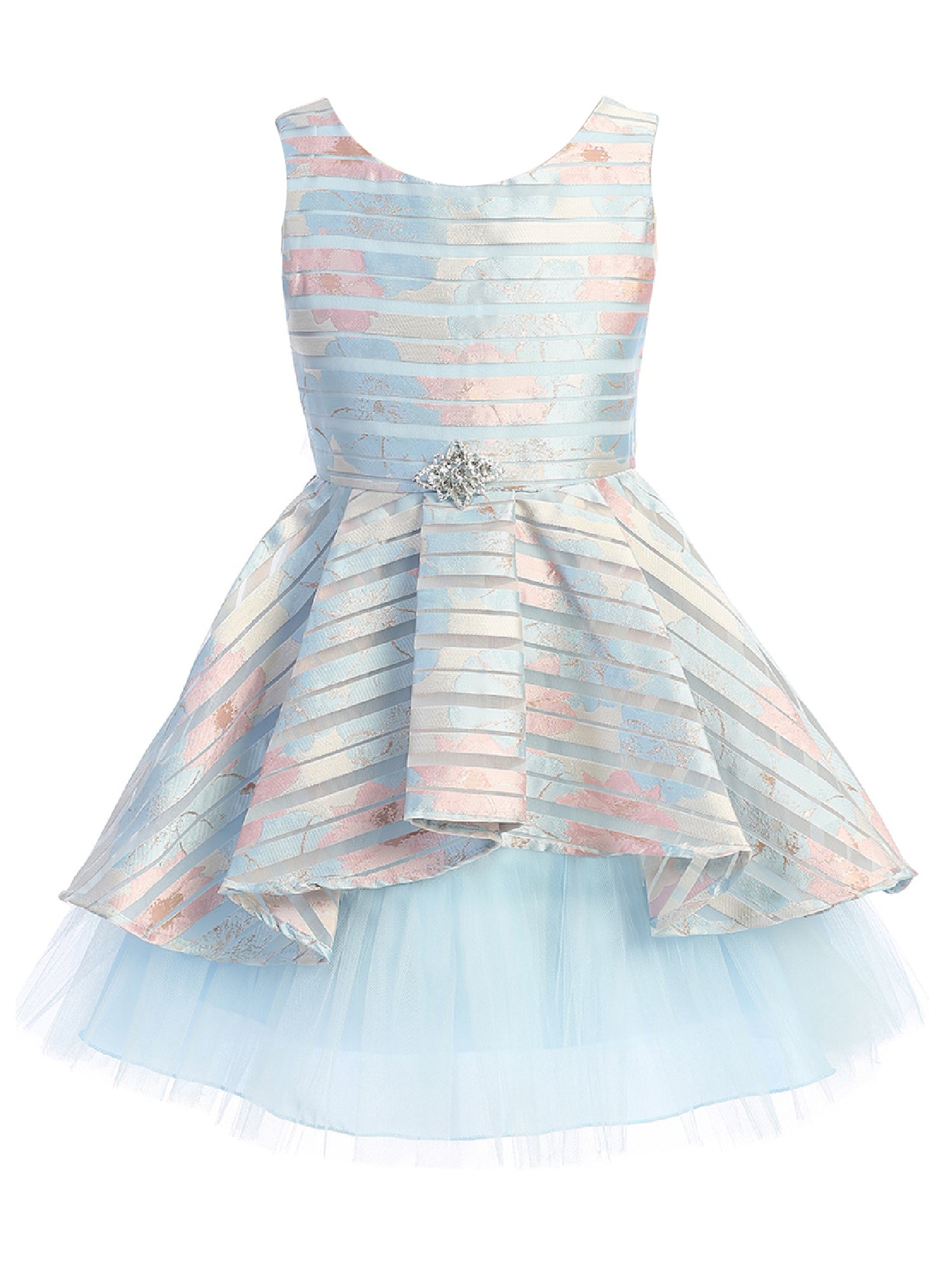 Big Girls Blue Floral Print Brooch Hi-Low Junior Bridesmaid Dress Size 8-14 | Perfect for Weddings, Prom & Special Occasions