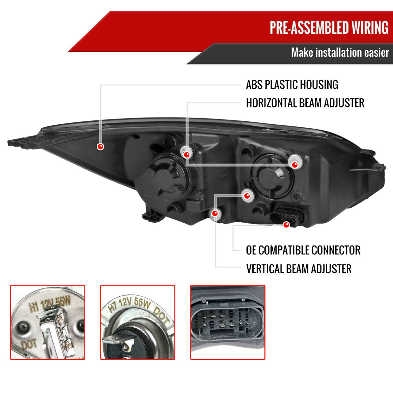 2012-2014 Ford Focus Projector Headlights with LED Light Strip & Sequential Turn Signals - Matte Black Housing & Clear Lens - Upgrade for Night Driving & Custom Car Styling
