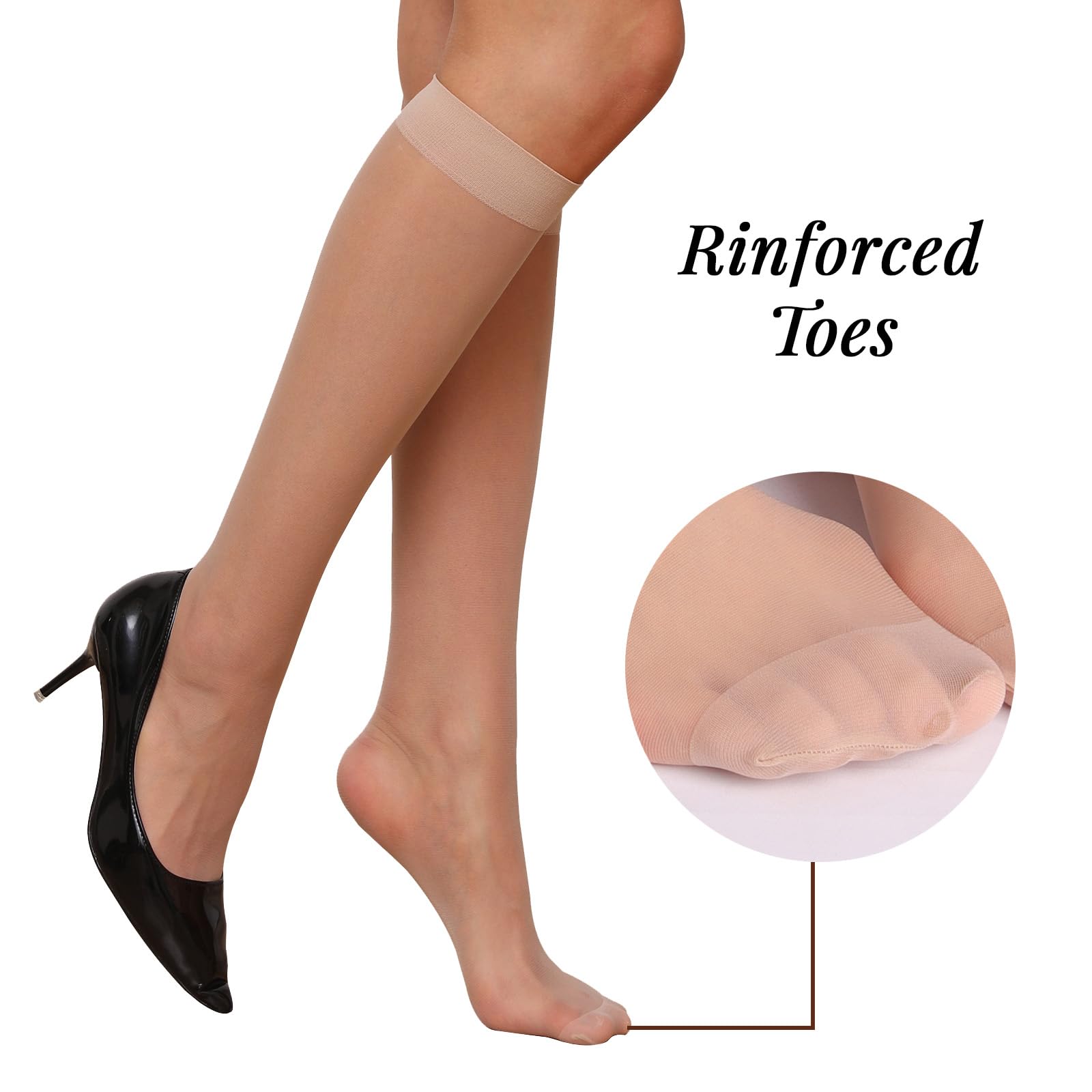 6 Pairs Women's Knee High Stockings - 20 Denier Nylon Sheer Socks with Reinforced Toe (Black & Nude, One Size) - Perfect for Office, Dress & Everyday Wear