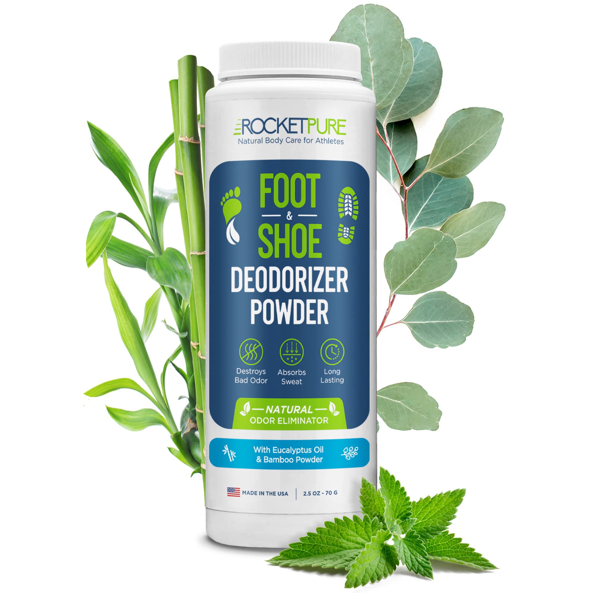 Rocket Pure Natural Foot Powder & Shoe Deodorizer - Odor Control for Sweaty Feet & Shoes, Eucalyptus Scented Foot Powder for Men & Women - Perfect for Gym, Hiking, and Daily Use