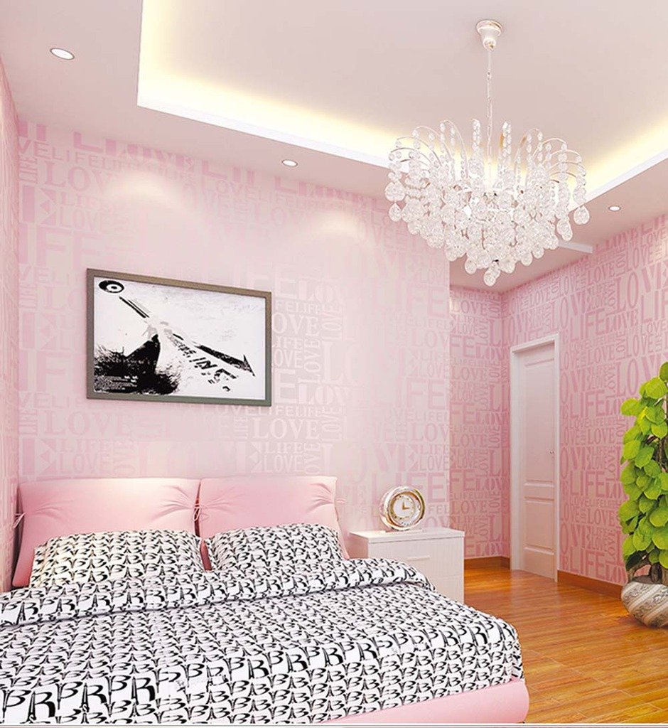 Korean Style Romantic Love Alphabet Pattern Non-Woven Wallpaper - Pink Floral Peel and Stick Wallpaper for Girls Room, Bedroom, Nursery, Dorm Decor