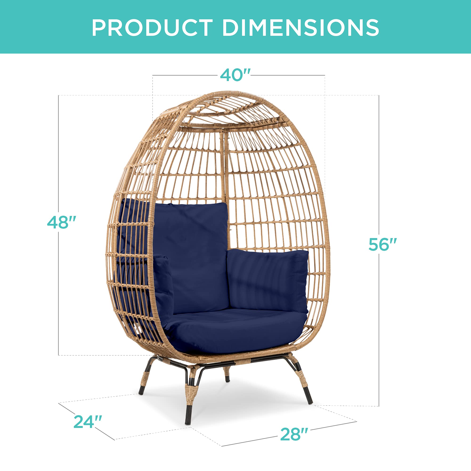 Best Choice Products Oversized Wicker Egg Chair - Indoor/Outdoor Hanging Lounger with 4 Cushions & Steel Frame (440lb Capacity) - Navy Blue - Perfect for Patio, Backyard, Living Room, and Relaxation Spaces
