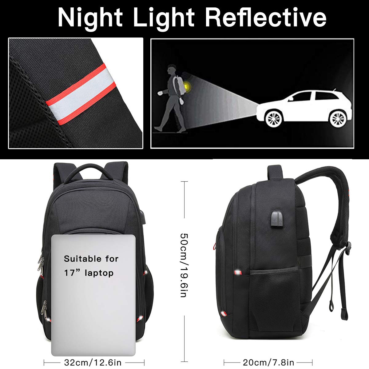 Della Gao Anti Theft Travel Laptop Backpack for Men & Women - USB Charging Port, Water Resistant, Fits 17 Inch Laptop, Large Business Computer Bag - Perfect for Work, School & Travel, Black