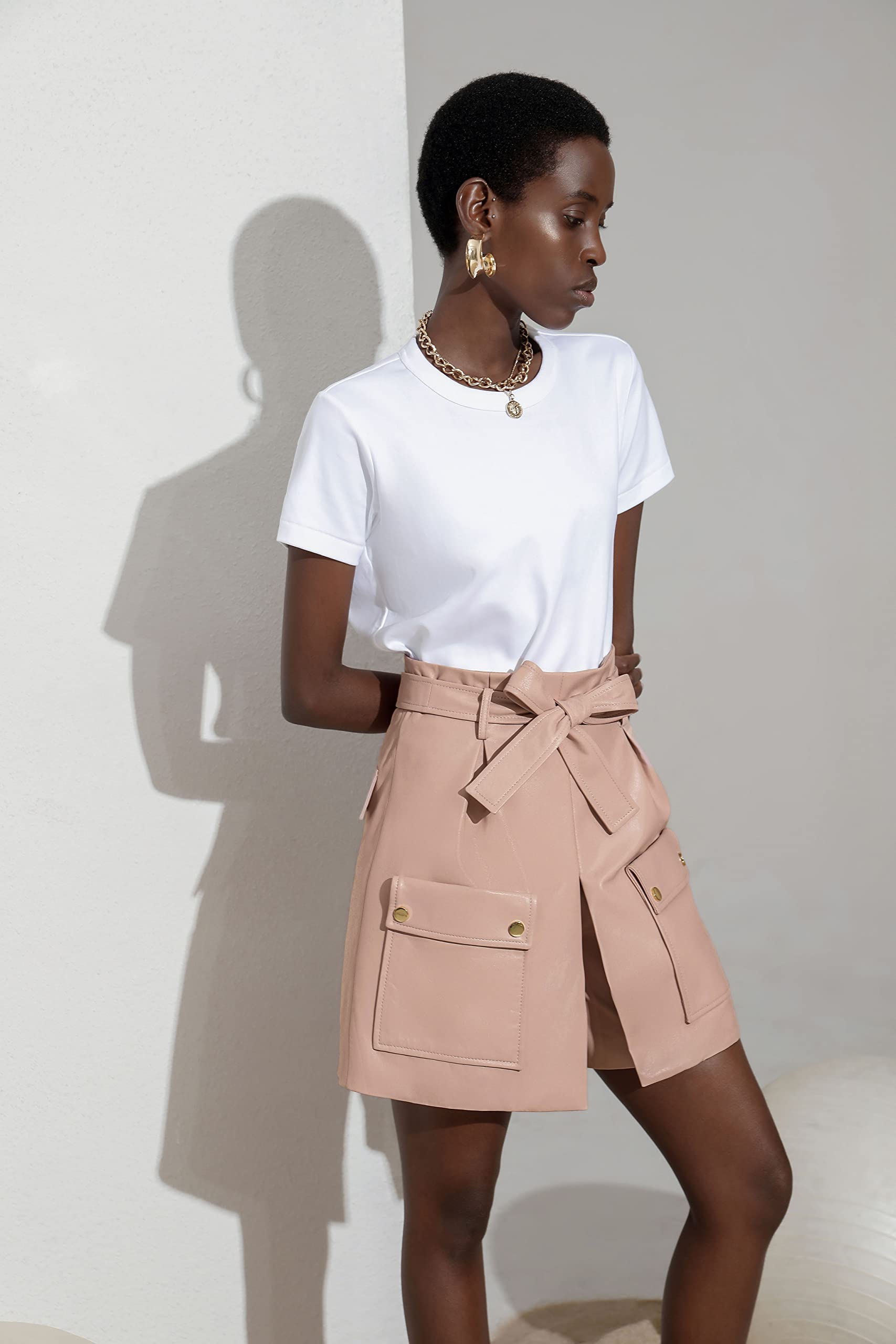 Women's Genuine Leather High Waist Wide Leg Paperbag Shorts with Belt - SmartUniverse Wear | Perfect for Summer Outfits, Casual Wear & Fashion Street Style