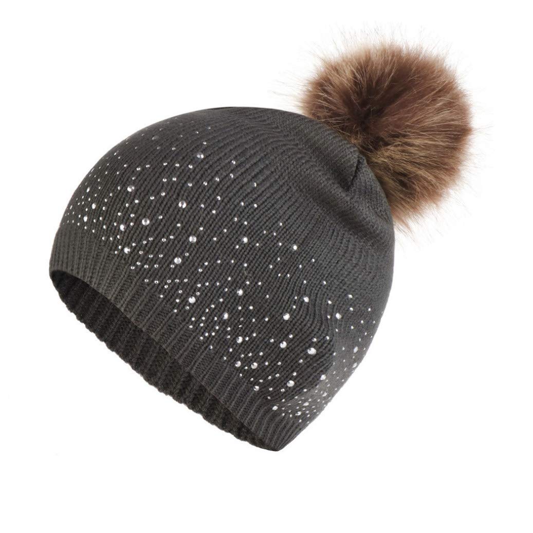 ASO-SLING Faux Fur Pom Knit Hats - Fleece Lined Skull Cap for Women & Men - Winter Warm Beanie with Rhinestone - Perfect for Skiing, Snowboarding & Cold Weather Fashion