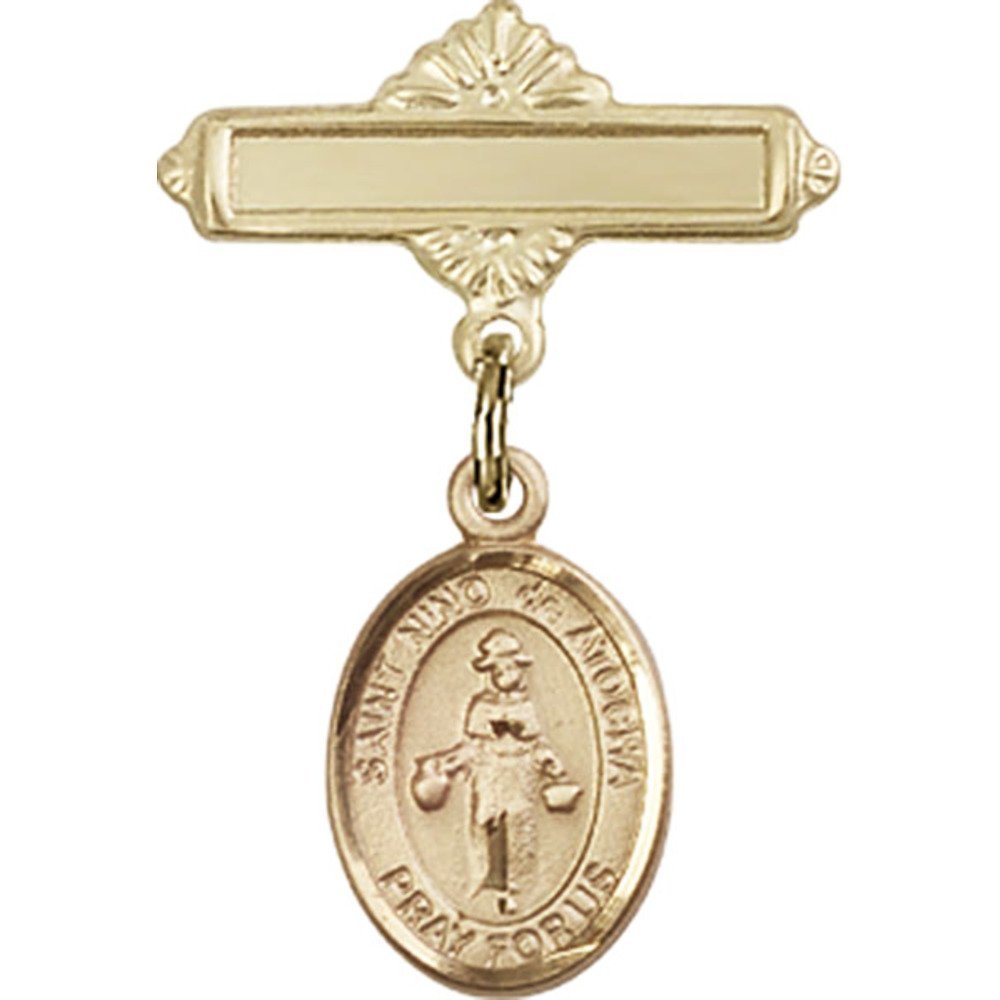 St. Nino de Atocha Gold Filled Baby Badge - 1 X 5/8 Inch Religious Charm with Polished Pin - Perfect for Baptism Gifts, Baby Blessings & Catholic Jewelry Collections