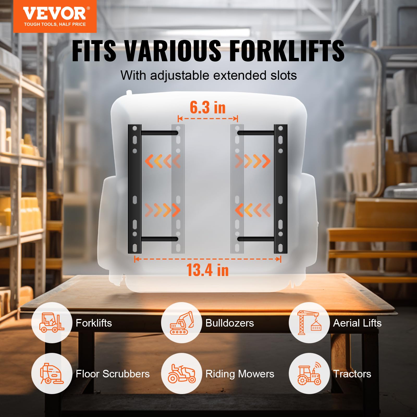 VEVOR Universal Forklift Seat - Adjustable Angle Back, Fold Down Tractor Seat with Micro Switch, Seatbelt & Armrests - Fits 6.3-13.4 inch Slot for Tractor, Loader, Excavator - Perfect for Construction, Farming & Heavy Equipment Operations