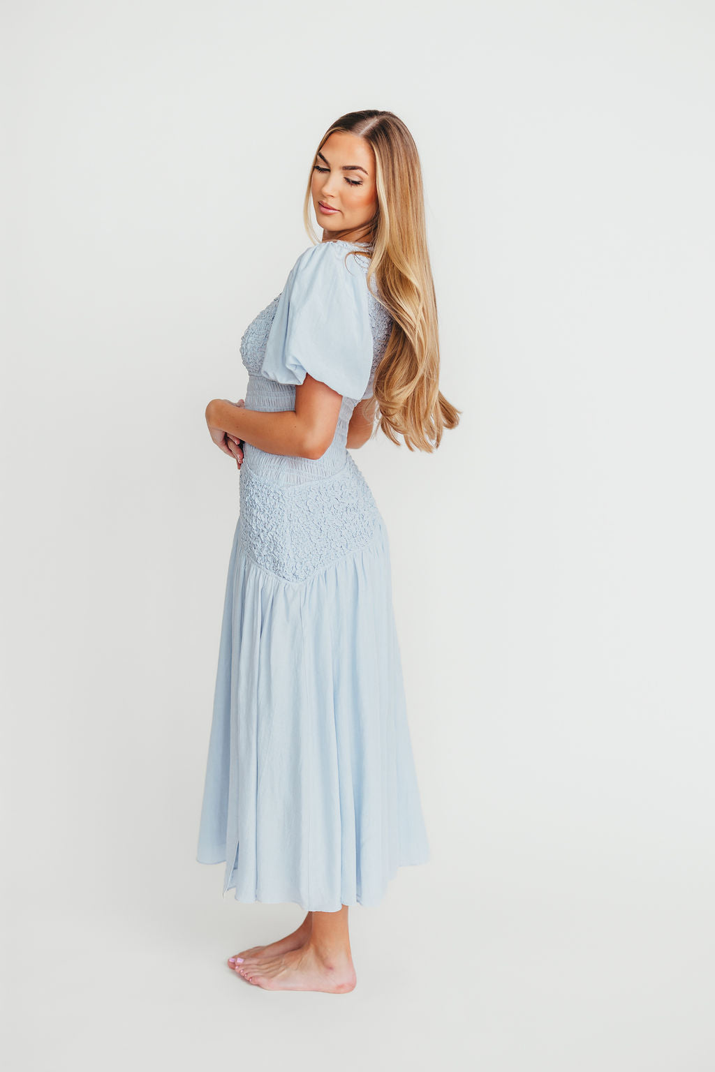 Theoni Women's Blue Asymmetrical Smocked Dress - Flowy Summer Midi Dress for Beach, Wedding & Casual Outings