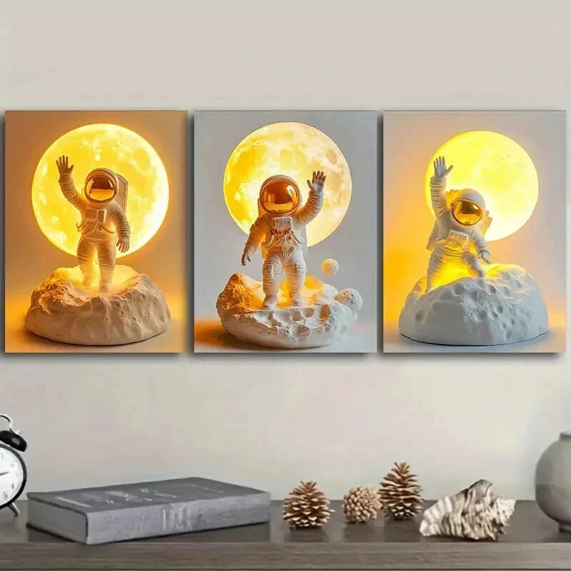 3Pcs Toy Astronauts on the Moon Wall Art Set - Framed Canvas 50x70cm, High Quality Print, 100% Australian Made, Ready to Hang - Perfect for Kids Room, Nursery, or Space Themed Decor