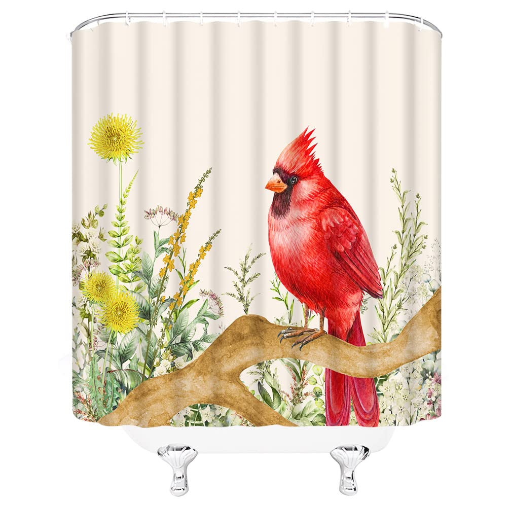 Christmas RV Shower Curtain - Red Cardinal & Winter Branches Nature Scenery Bathroom Decor with Hooks | Perfect for Holiday RV, Camper, Tiny Home & Small Stall Bathrooms (Christmas Gift Idea)