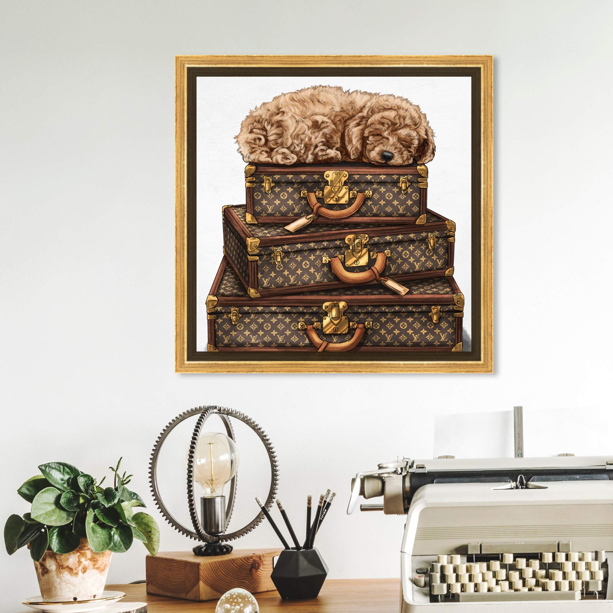 Oliver Gal Artist Co. 'Sleeping Poodle' Framed Wall Art - 12x12 Inch Brown & White Canvas Print for Home Décor | Fashion & Glam Travel Inspired Bedroom, Living Room, Office Decor