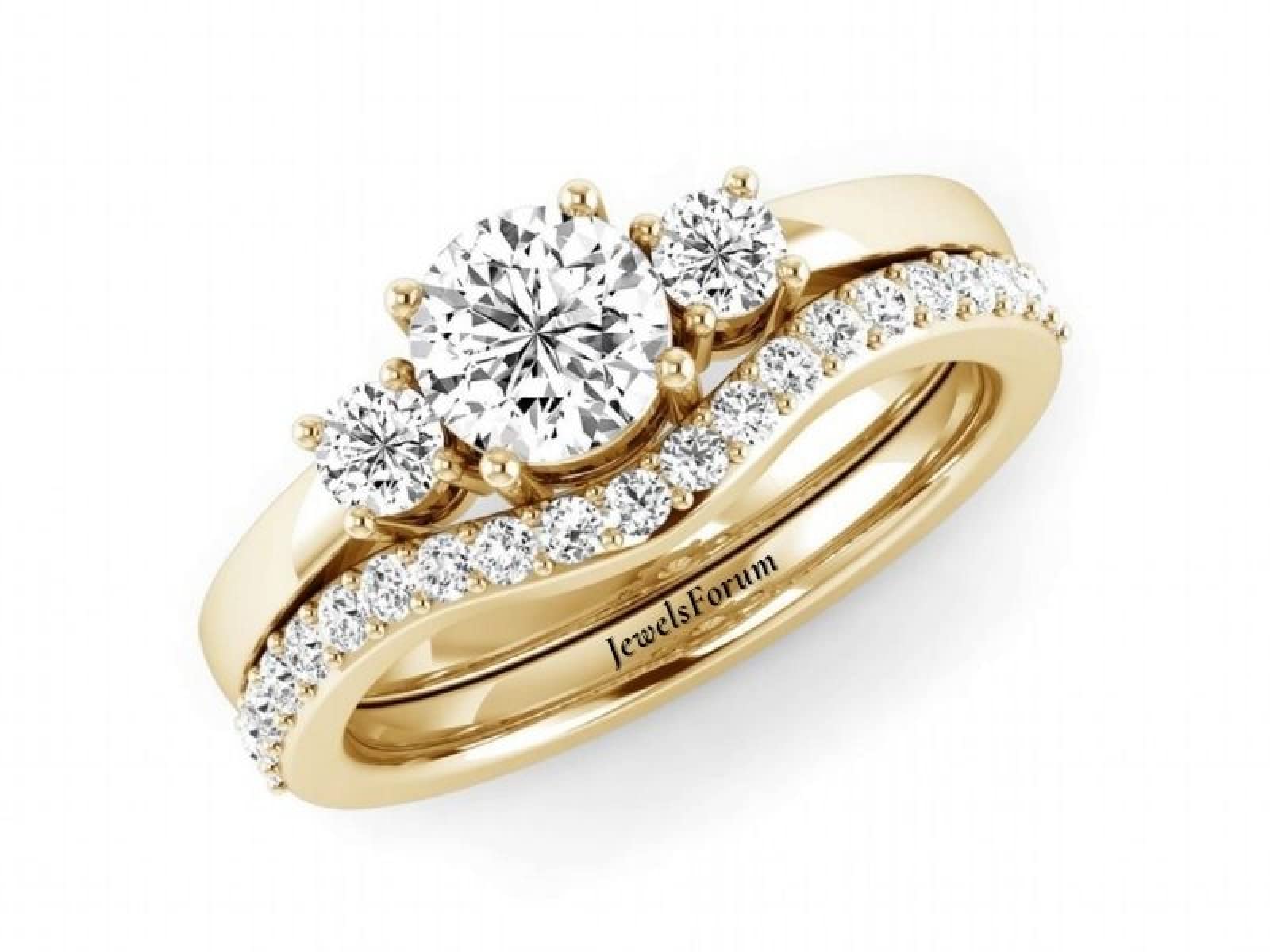 14K Gold 0.84 Carat Diamond Engagement Ring Set - 3 Stone Bridal Ring with 0.33ct Round Solitaire & Pave Wedding Band (HI Color, I1-2 Clarity) | Perfect for Proposals, Anniversaries & Special Occasions